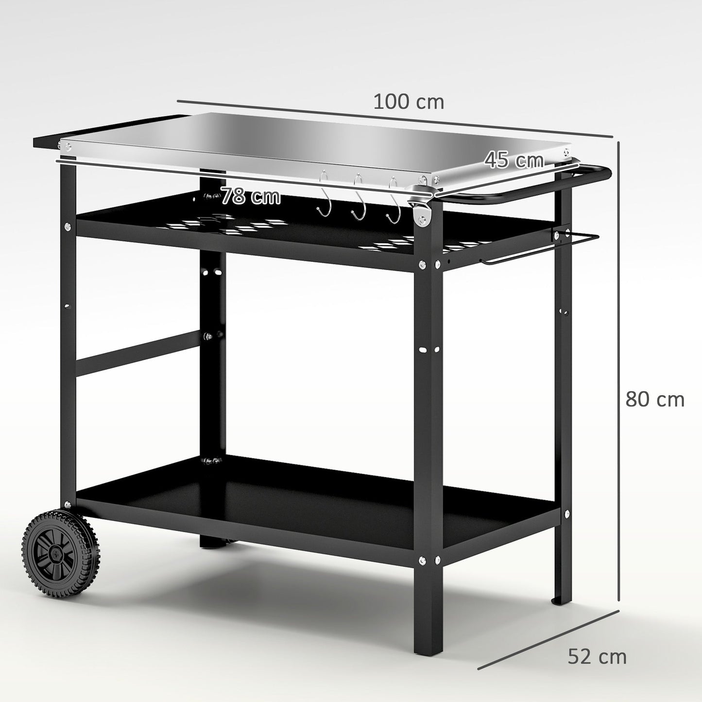BBQ Trolley with Stainless Steel Top Adjustable Shelf, Outdoor Kitchen BBQ Station with Hooks Seasoning Tray Towel Rack, Pizza Oven Table Movable Outdoor Grill Dining Cart with Cover, Black