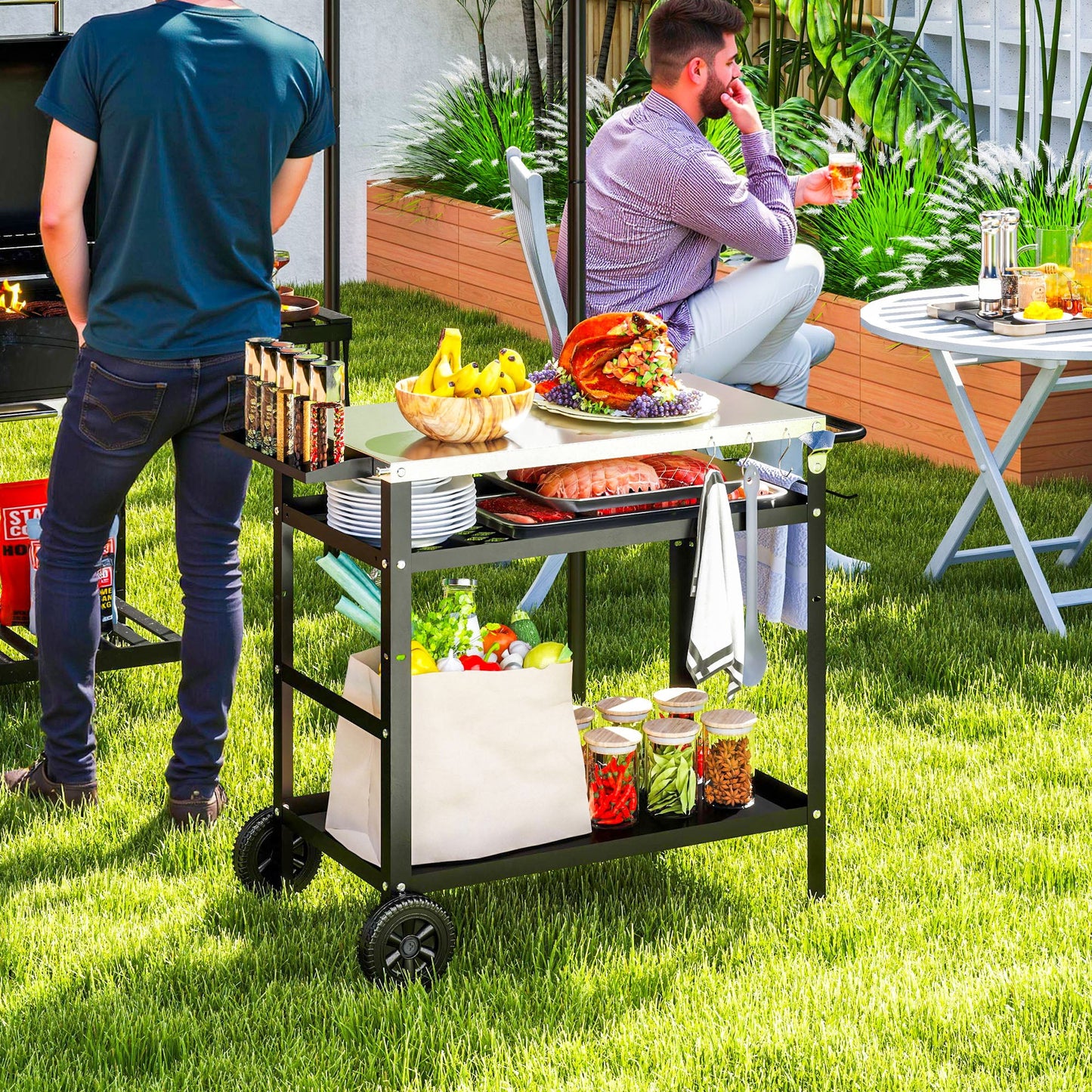 BBQ Trolley with Stainless Steel Top Adjustable Shelf, Outdoor Kitchen BBQ Station with Hooks Seasoning Tray Towel Rack, Pizza Oven Table Movable Outdoor Grill Dining Cart with Cover, Black