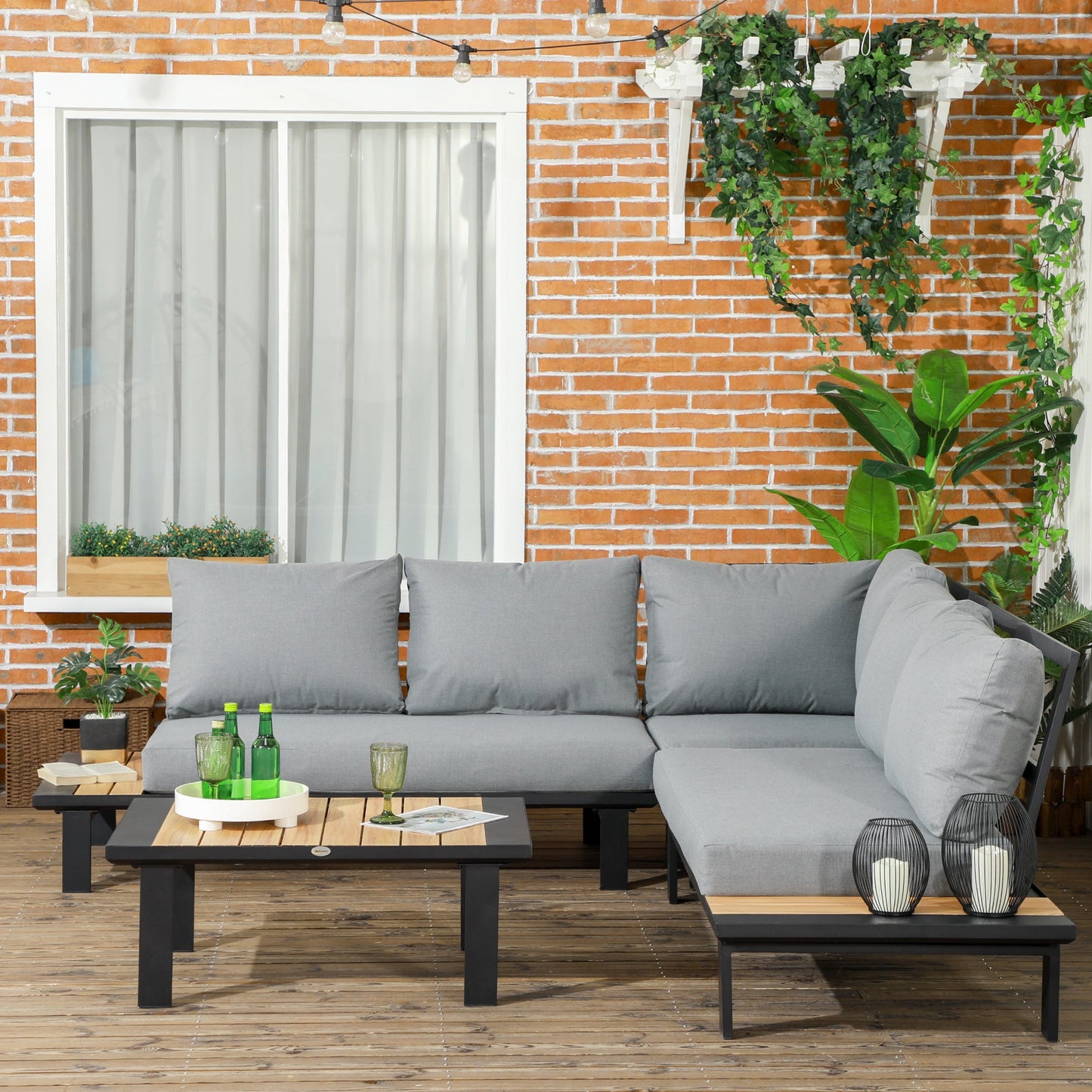 4 Pieces Aluminium Garden Furniture Sets with Thick Padded Cushion, 5 Seater Outdoor L Shape Corner Sofa Conversation Set, w/ Coffee Table and Sofa Side Table for Patio, Deck, Dark Grey