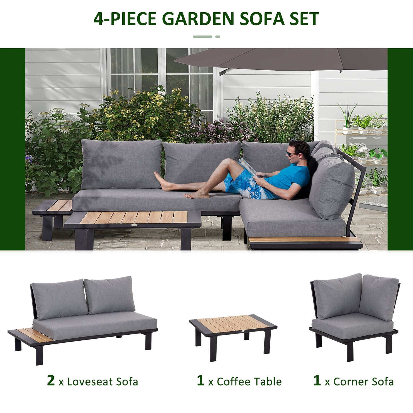 4 Pieces Aluminium Garden Furniture Sets with Thick Padded Cushion, 5 Seater Outdoor L Shape Corner Sofa Conversation Set, w/ Coffee Table and Sofa Side Table for Patio, Deck, Dark Grey