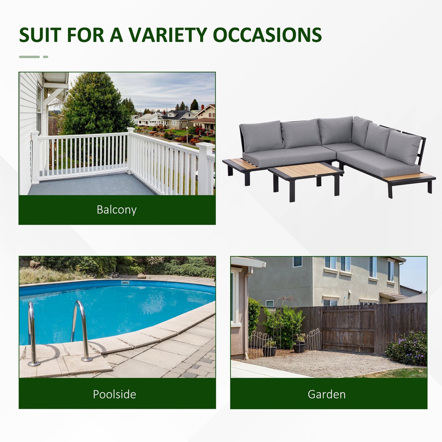 4 Pieces Aluminium Garden Furniture Sets with Thick Padded Cushion, 5 Seater Outdoor L Shape Corner Sofa Conversation Set, w/ Coffee Table and Sofa Side Table for Patio, Deck, Dark Grey