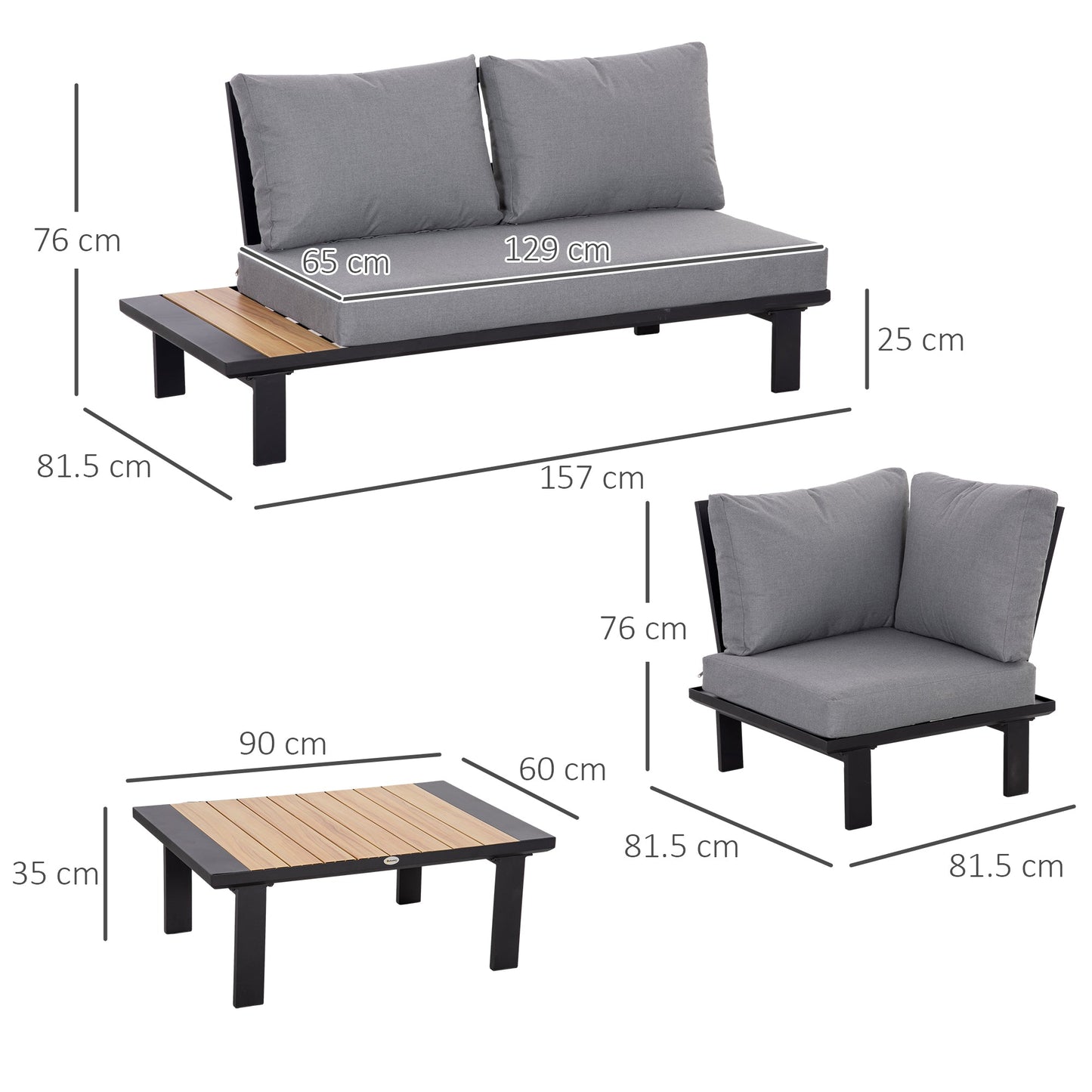 4 Pieces Aluminium Garden Furniture Sets with Thick Padded Cushion, 5 Seater Outdoor L Shape Corner Sofa Conversation Set, w/ Coffee Table and Sofa Side Table for Patio, Deck, Dark Grey