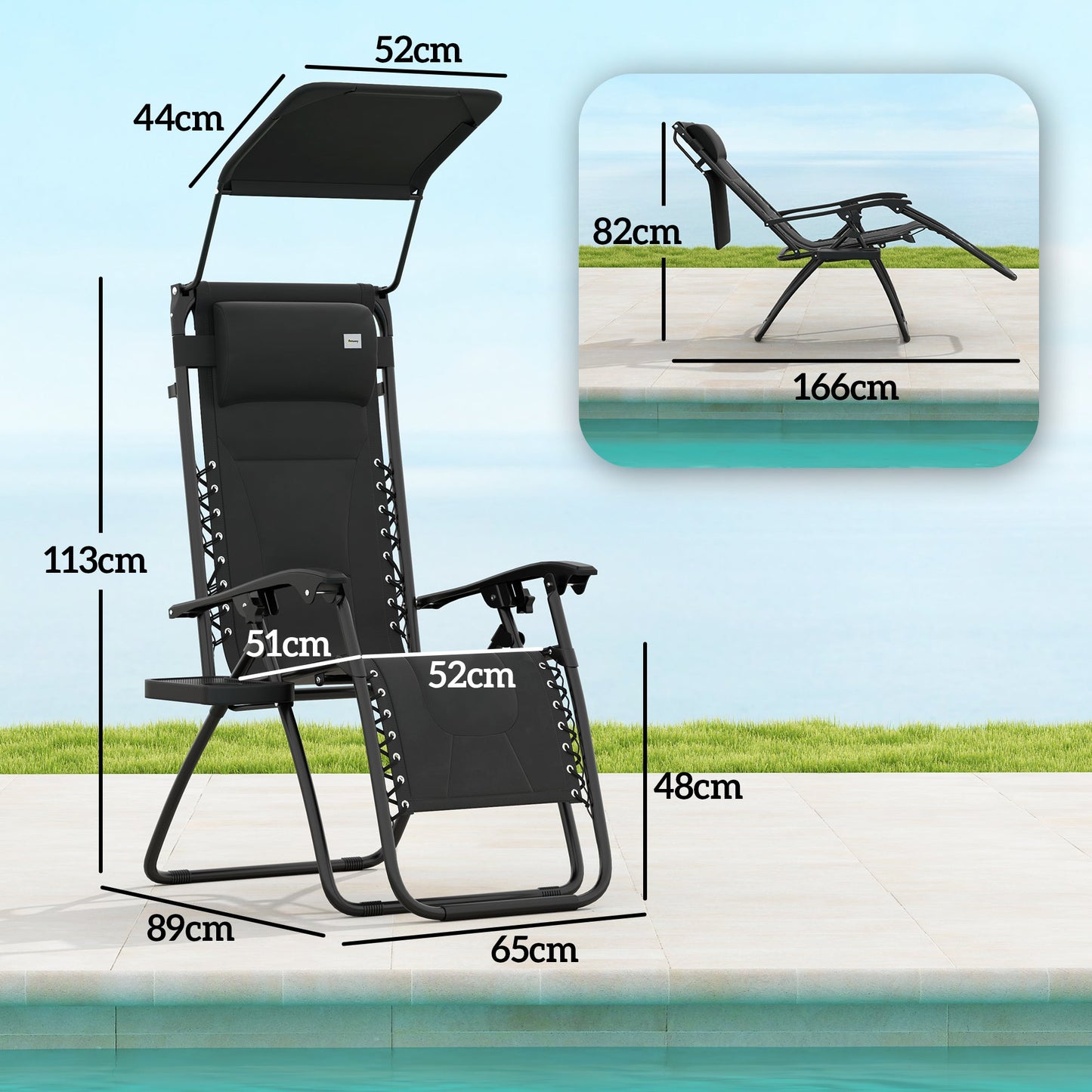 Zero Gravity Lounger Chair Set of 2, Folding Reclining Patio Chair with Shade Cover, Padded Seat, Cup Holder, Soft Cushion and Headrest for Poolside, Camping, Black