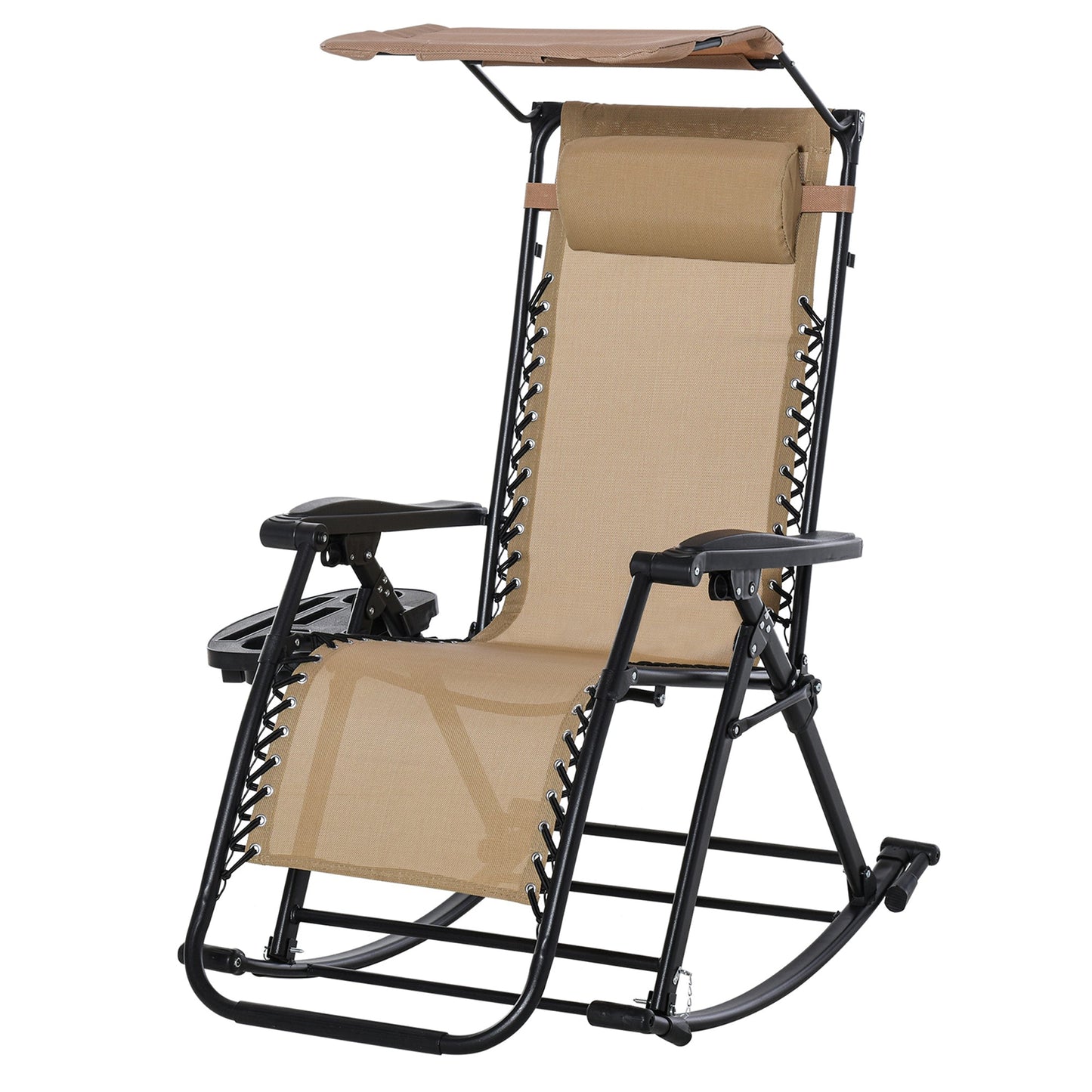 Garden Rocking Chair Folding Recliner Outdoor Adjustable Sun Lounger Rocker Zero-Gravity Seat with Headrest Side Holder Patio Deck - Beige