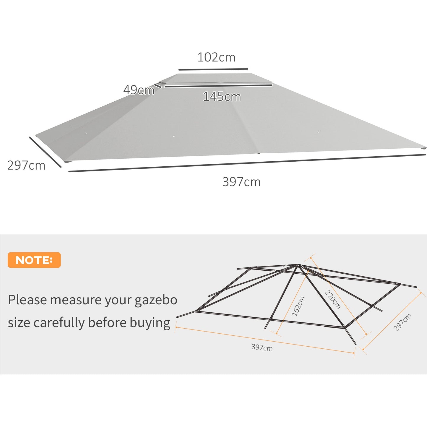 3 x 4m Gazebo Canopy Replacement Covers, Garden Gazebo Roof Replacement with Vents and Drain Holes, TOP COVER ONLY, Light Grey