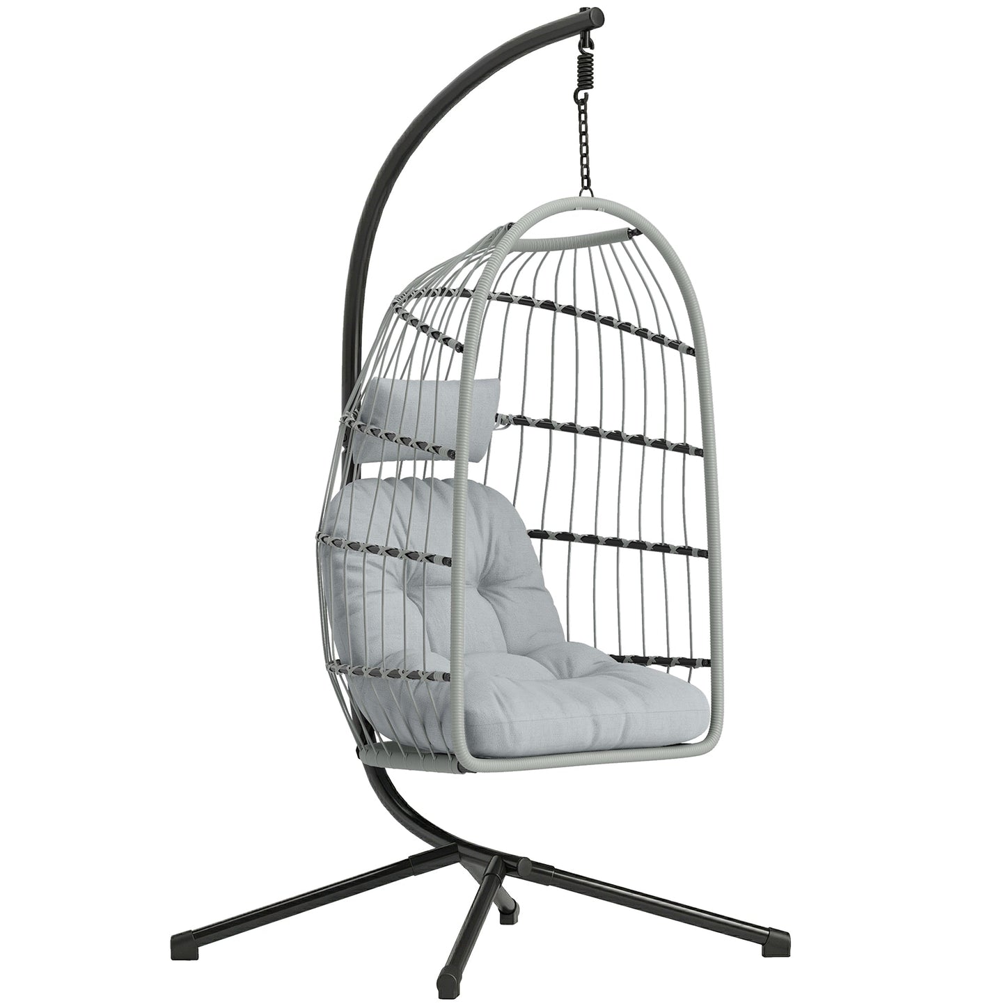 Hanging Egg Chair, Indoor Outdoor Hammock Swing Chair with Stand, Safety Strap, Foldable Basket, Thick Cushions, Headrest, Adjustable Height, Metal Frame for Garden Balcony, Light Grey