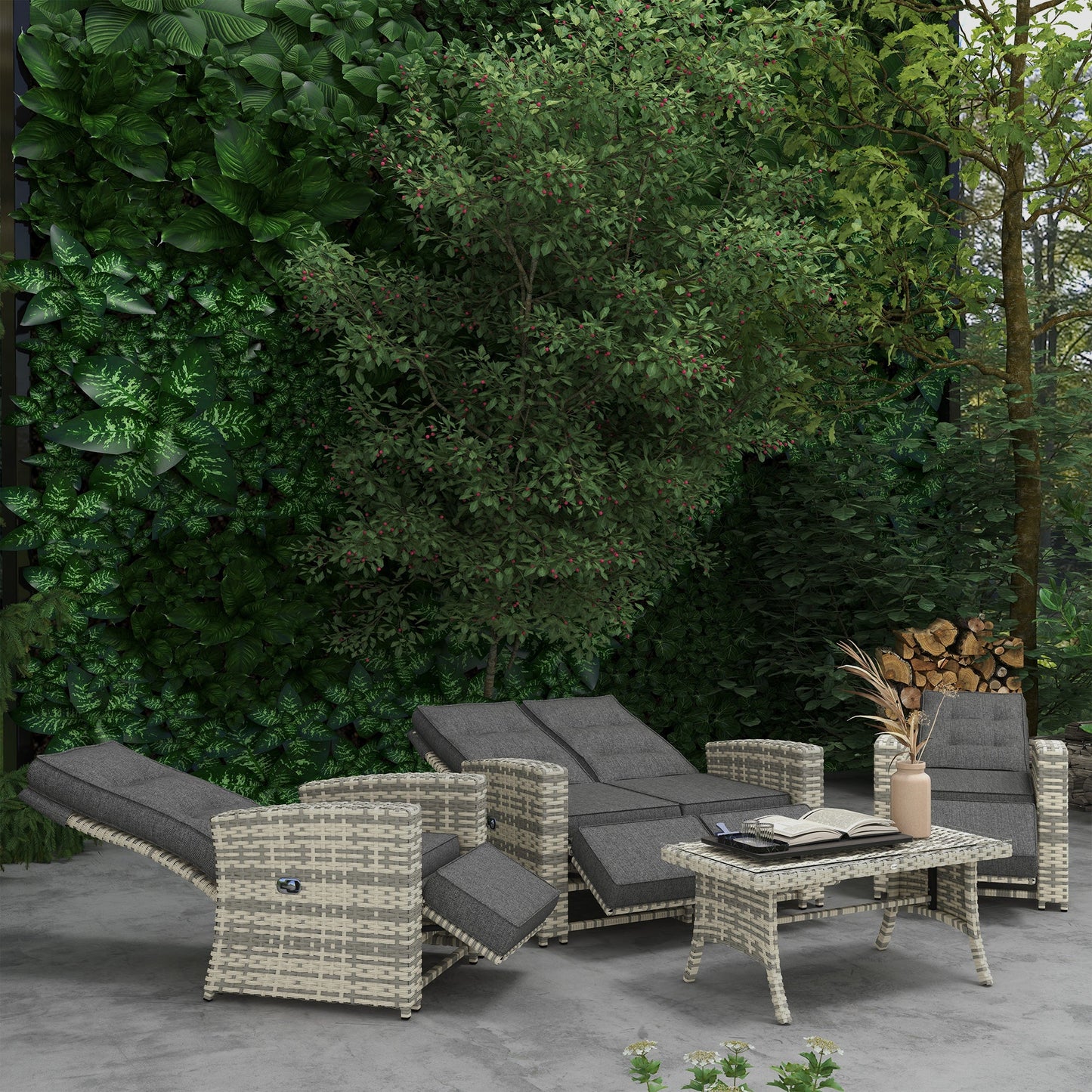 4 Piece Rattan Garden Furniture Set with Adjustable Backrest, Wicker Outdoor Furniture Sofa Set with Loveseat, Reclining Armchairs, Thickened Cushions and Glass Top Table, Light Grey
