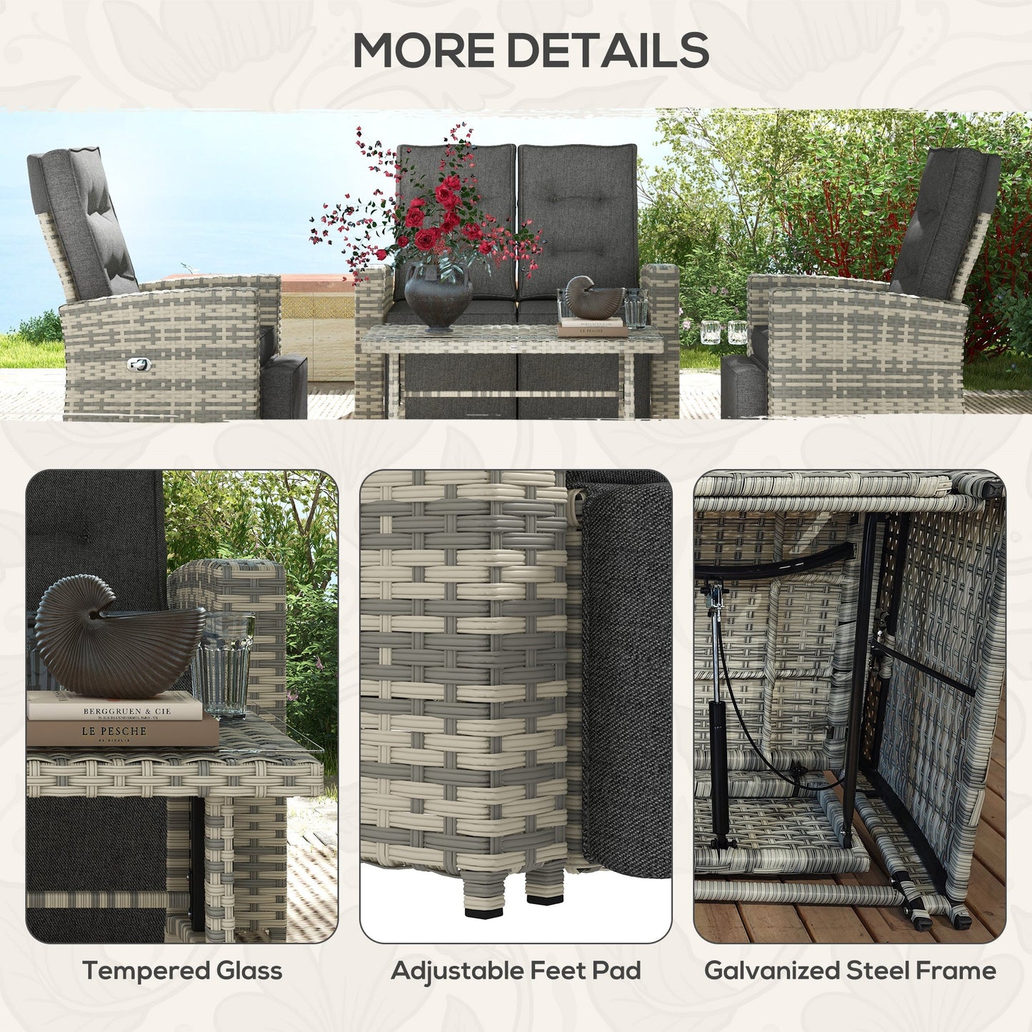 4 Piece Rattan Garden Furniture Set with Adjustable Backrest, Wicker Outdoor Furniture Sofa Set with Loveseat, Reclining Armchairs, Thickened Cushions and Glass Top Table, Light Grey