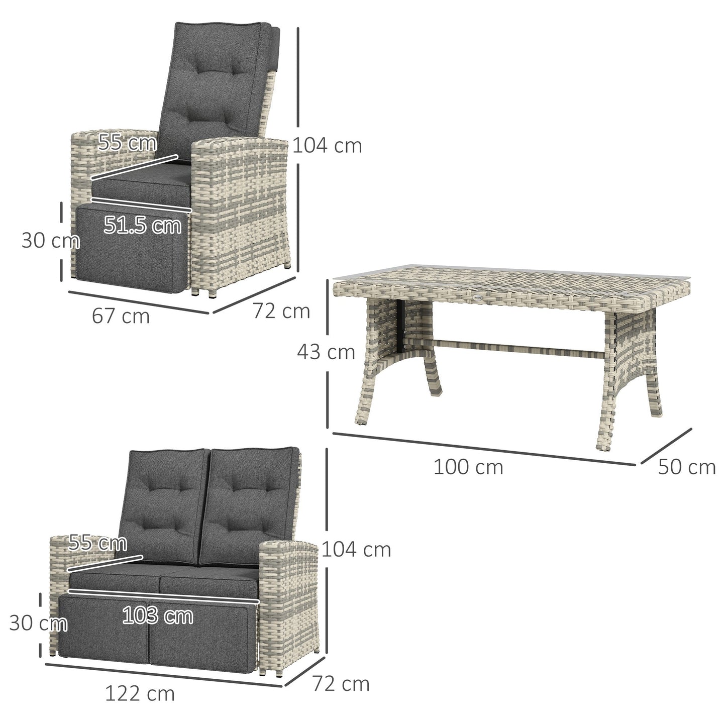 4 Piece Rattan Garden Furniture Set with Adjustable Backrest, Wicker Outdoor Furniture Sofa Set with Loveseat, Reclining Armchairs, Thickened Cushions and Glass Top Table, Light Grey