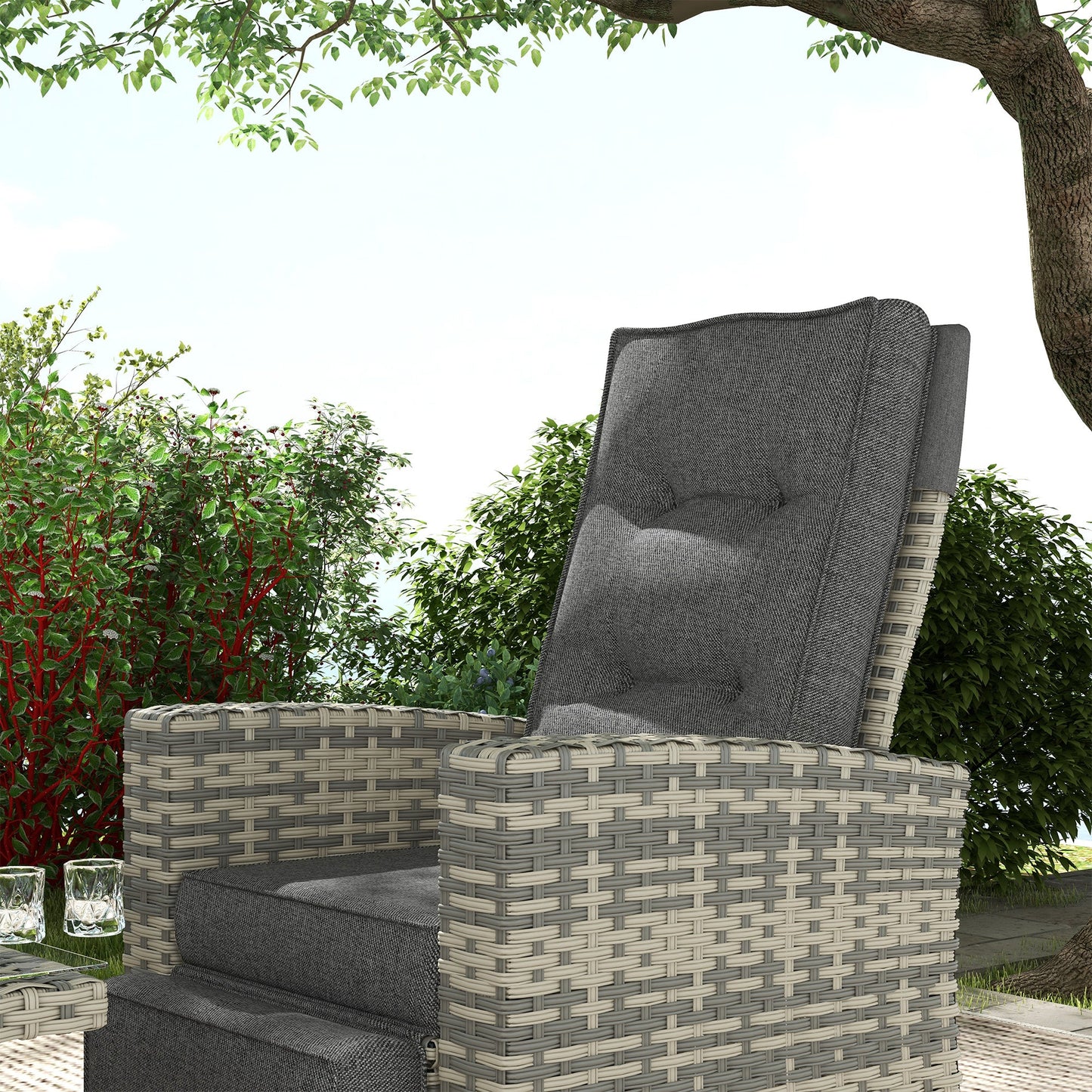 4 Piece Rattan Garden Furniture Set with Adjustable Backrest, Wicker Outdoor Furniture Sofa Set with Loveseat, Reclining Armchairs, Thickened Cushions and Glass Top Table, Light Grey