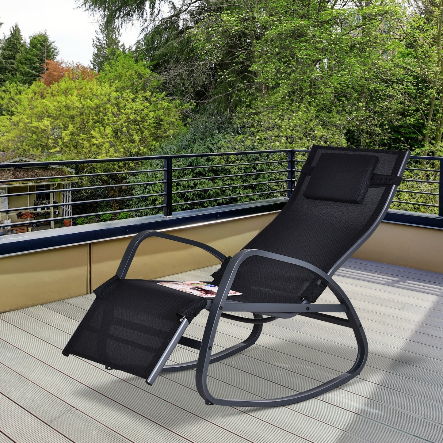 Garden Rocking Chair with 5-Level Adjustable Backrest, Rocking Sun Lounger with Removeable Headrest Pillow, Footrest, Armrest and Safety Stopper, Black