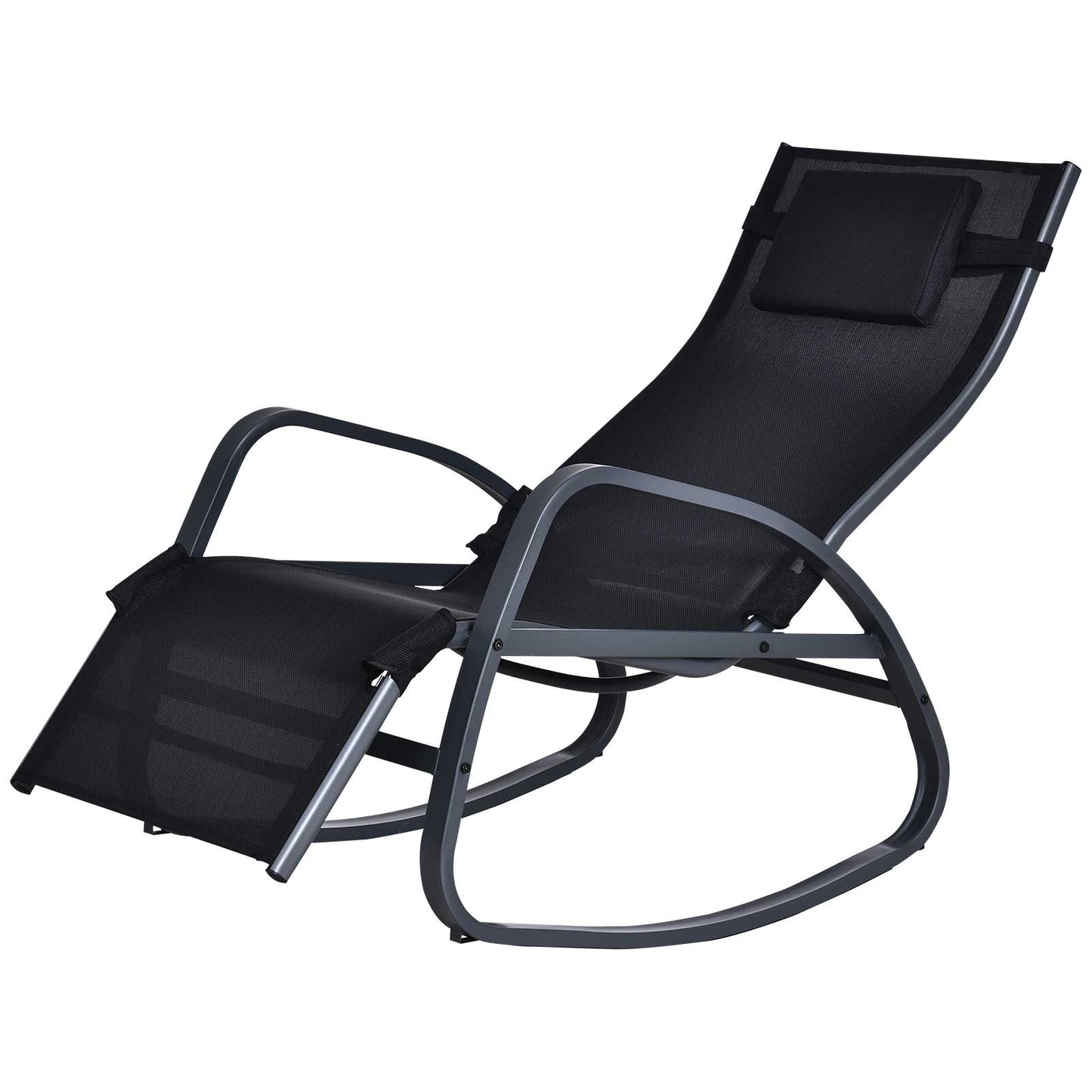 Garden Rocking Chair with 5-Level Adjustable Backrest, Rocking Sun Lounger with Removeable Headrest Pillow, Footrest, Armrest and Safety Stopper, Black
