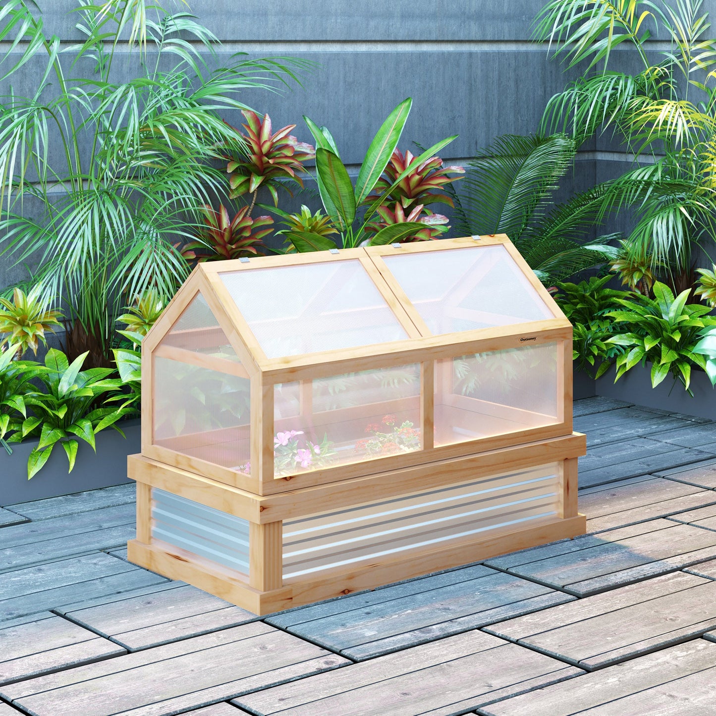 Raised Garden Bed with Greenhouse Top, Garden Wooden Cold Frame Greenhouse Flower Planter Protection with 2 Independent Roofs, 122x 61 x 82cm, Natural