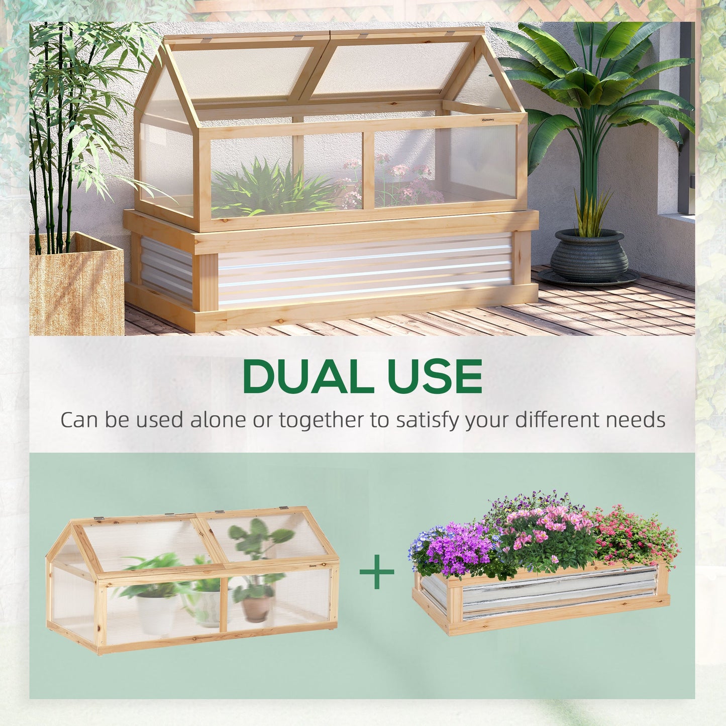 Raised Garden Bed with Greenhouse Top, Garden Wooden Cold Frame Greenhouse Flower Planter Protection with 2 Independent Roofs, 122x 61 x 82cm, Natural