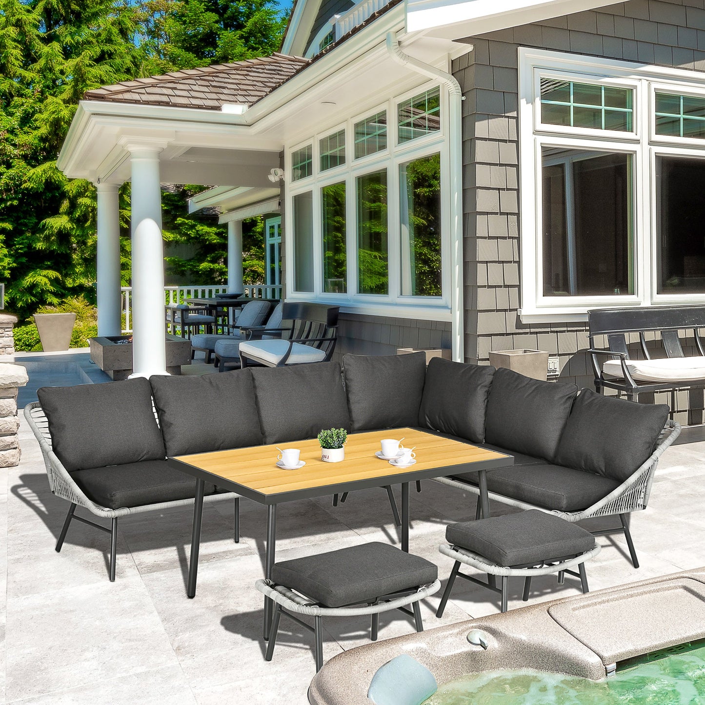 5 Piece Rattan Garden Furniture Sets, 6 Seater Outdoor Sofa Sectional with Wicker Sofa, Footstool and Wood-Plastic Coffee Table for Yard, Poolside, Grey