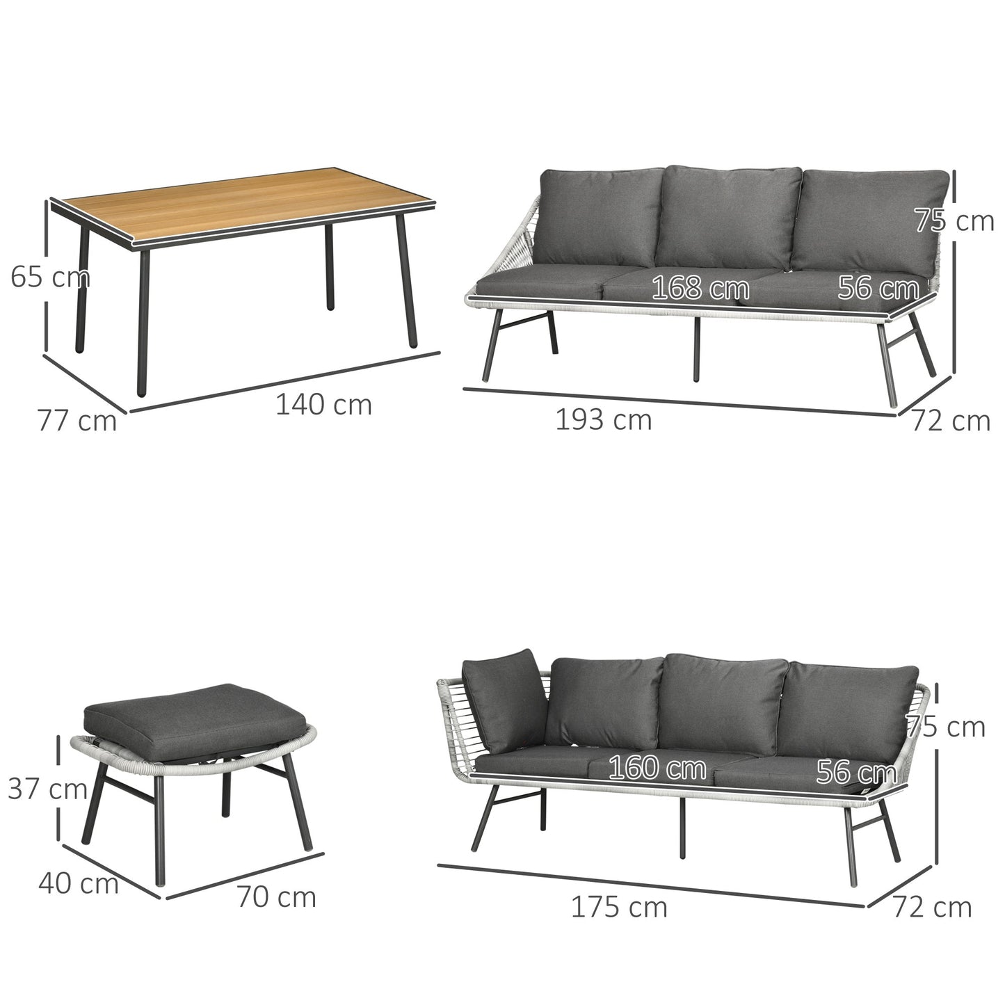 5 Piece Rattan Garden Furniture Sets, 6 Seater Outdoor Sofa Sectional with Wicker Sofa, Footstool and Wood-Plastic Coffee Table for Yard, Poolside, Grey