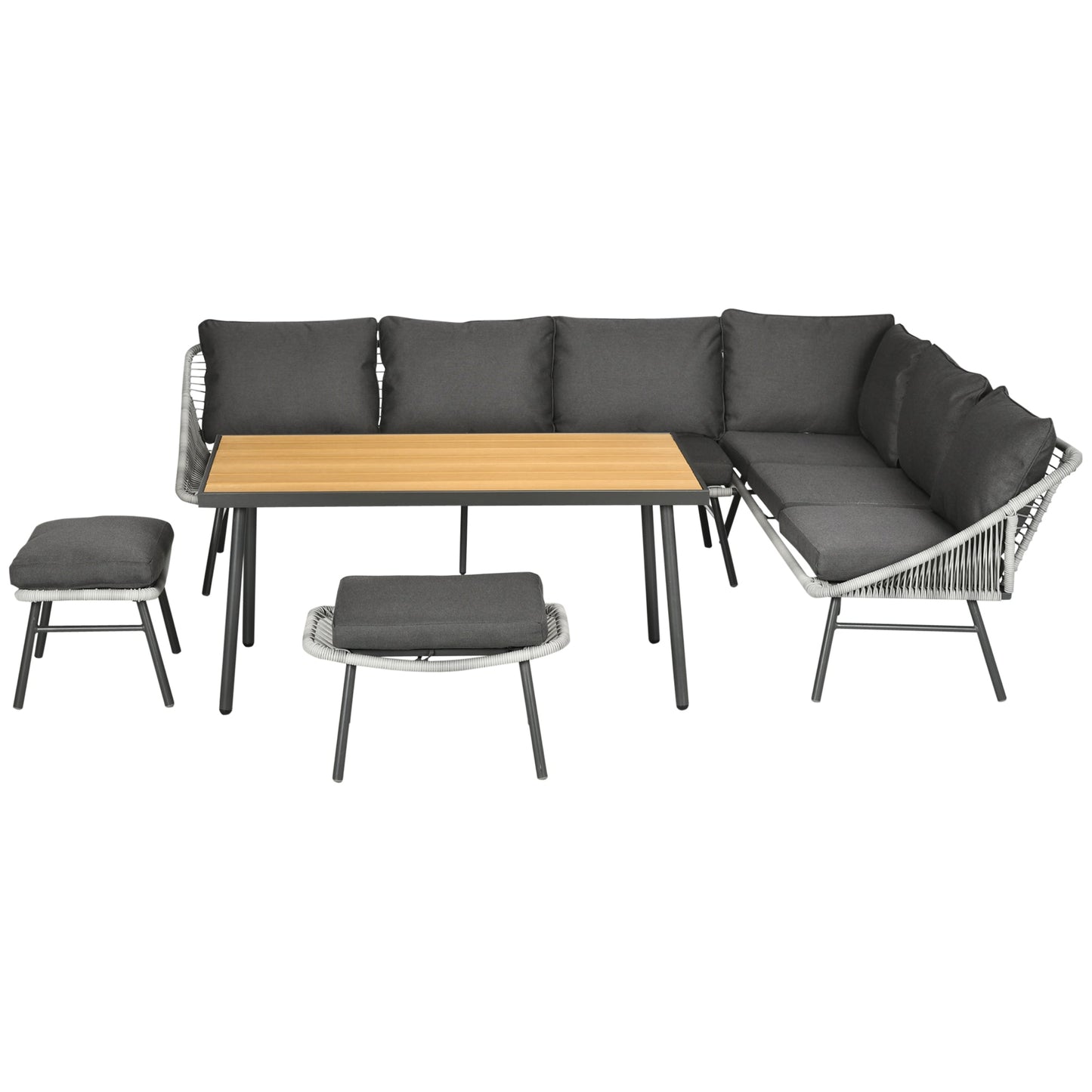5 Piece Rattan Garden Furniture Sets, 6 Seater Outdoor Sofa Sectional with Wicker Sofa, Footstool and Wood-Plastic Coffee Table for Yard, Poolside, Grey