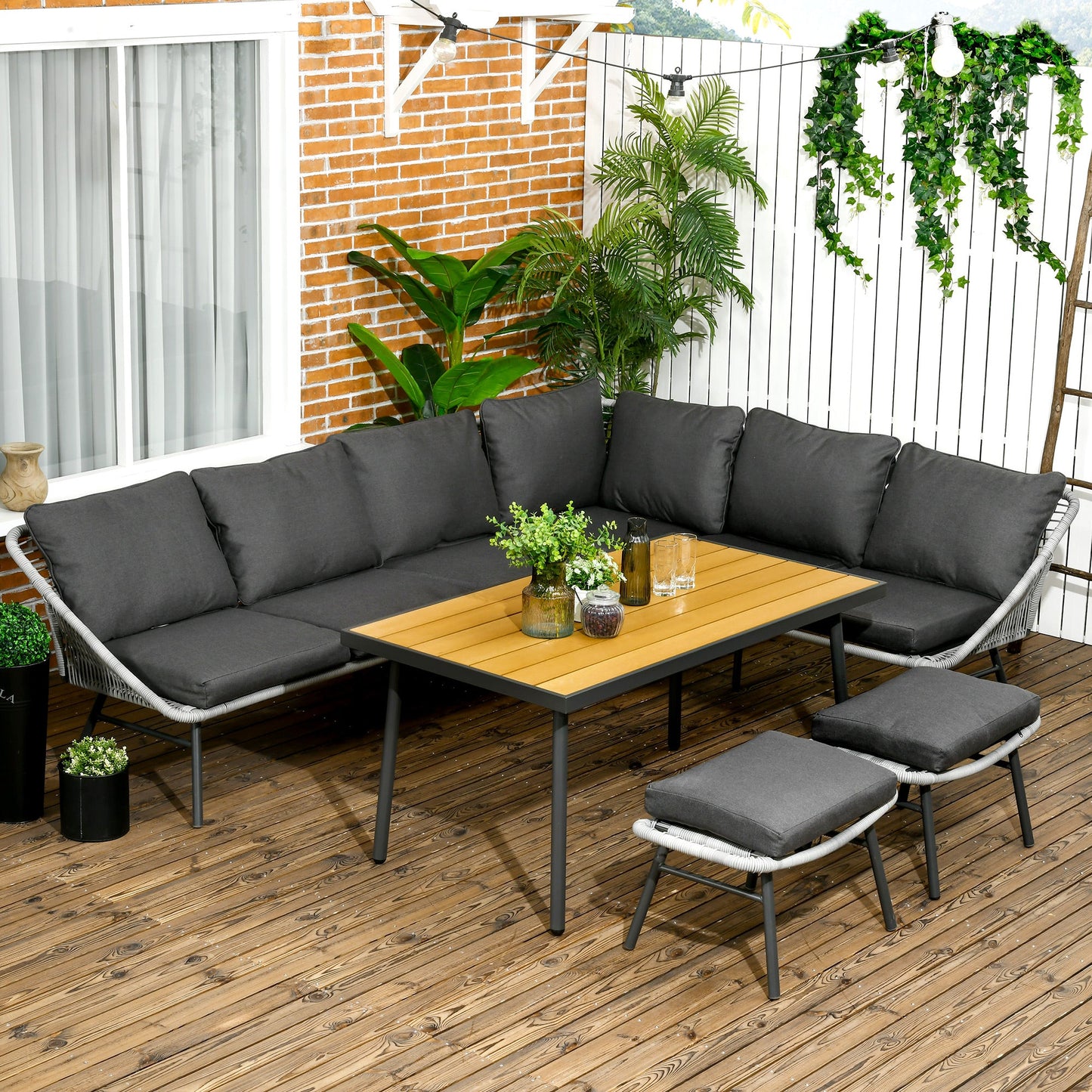 5 Piece Rattan Garden Furniture Sets, 6 Seater Outdoor Sofa Sectional with Wicker Sofa, Footstool and Wood-Plastic Coffee Table for Yard, Poolside, Grey