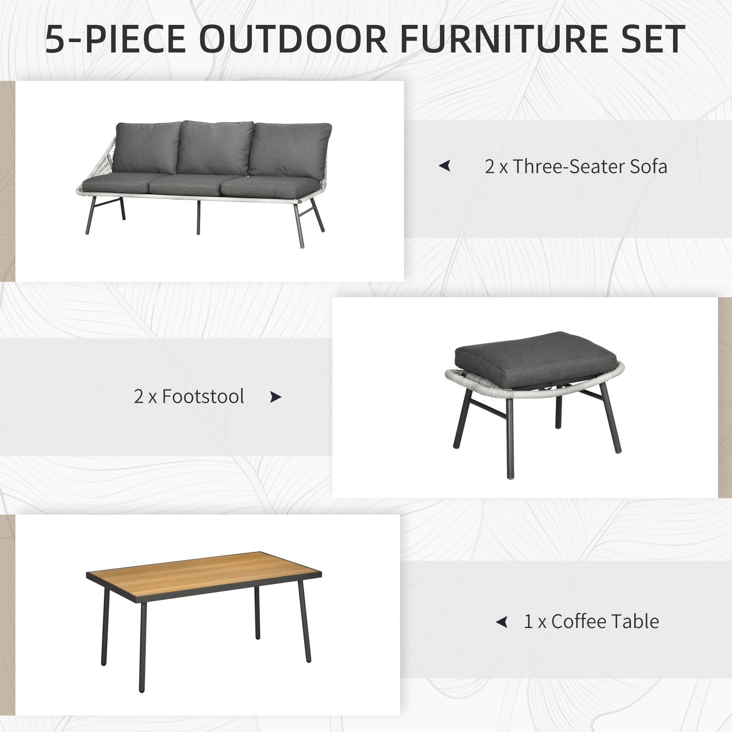 5 Piece Rattan Garden Furniture Sets, 6 Seater Outdoor Sofa Sectional with Wicker Sofa, Footstool and Wood-Plastic Coffee Table for Yard, Poolside, Grey