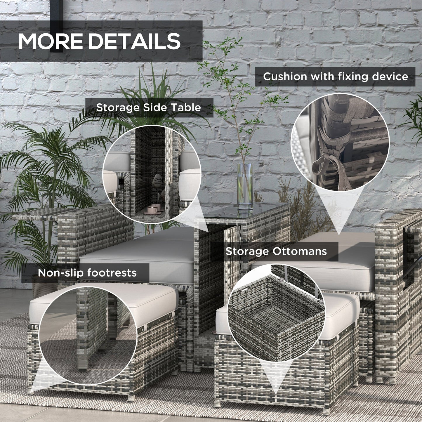 5PC PE Rattan Sun Lounger, Outdoor Wicker 5-level Adjustable Recliner Sofa Bed with Storage Side Table and Footstools, for Patio, Garden, Poolside, Grey