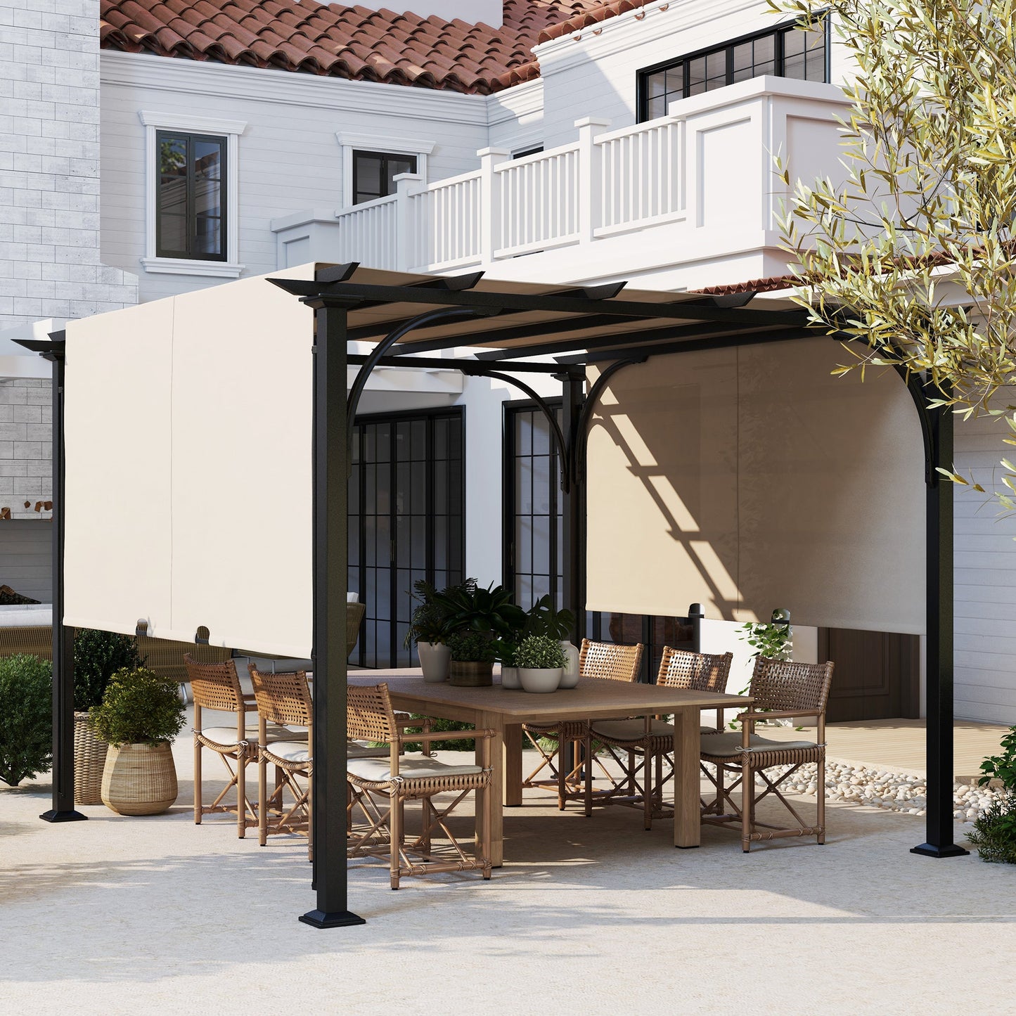 3 x 3(m) Garden Pergola, Outdoor Pergola Gazebo with Adjustable Canopy, Sun Shade Patio Canopy Shelter, Beige