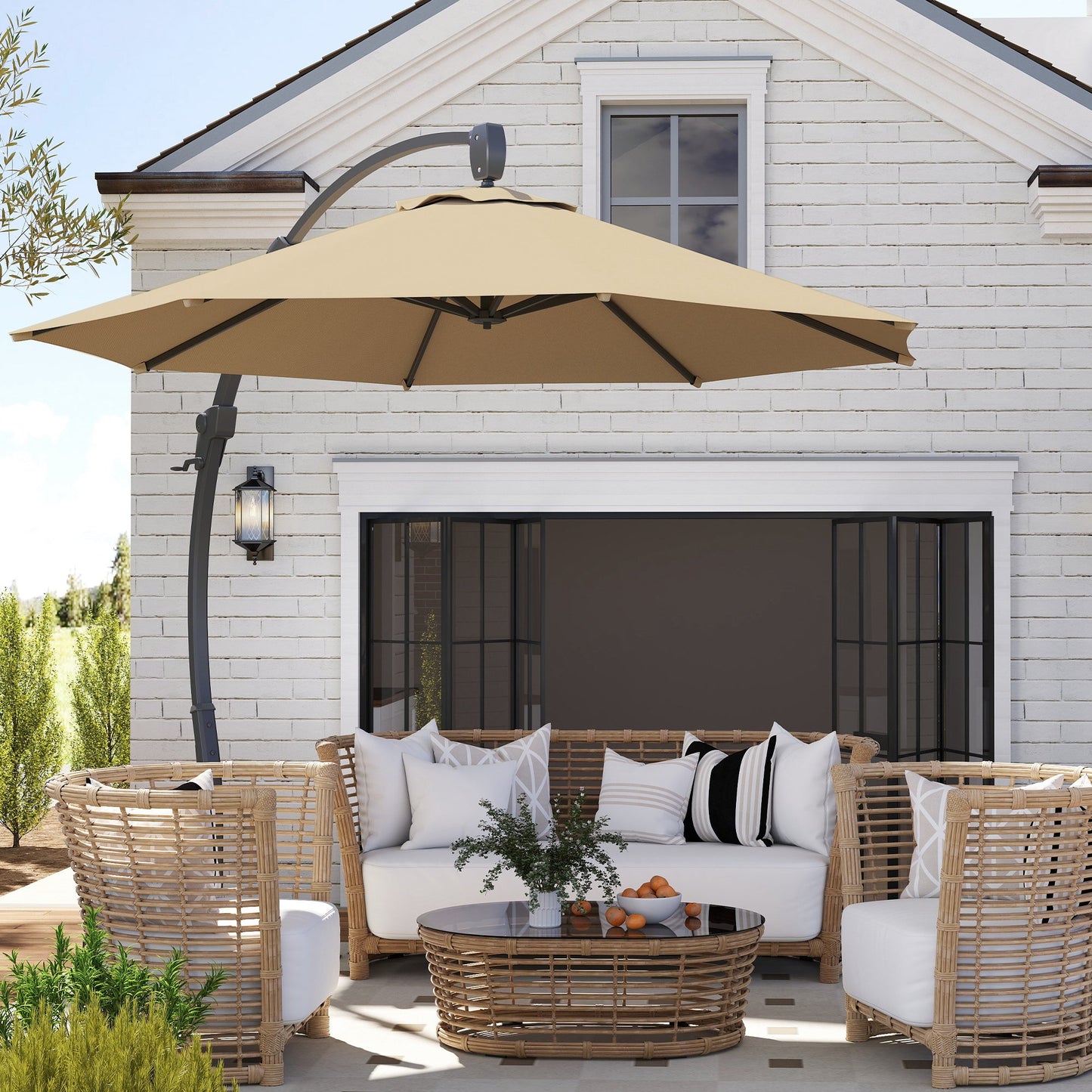 3(m) Garden Cantilever Parasol, Round Overhanging Umbrella with Crank Handle, Cross Base, Aluminium Frame and 360° Rotation, Banana Patio Umbrella for Outdoor Sun Shade, Khaki