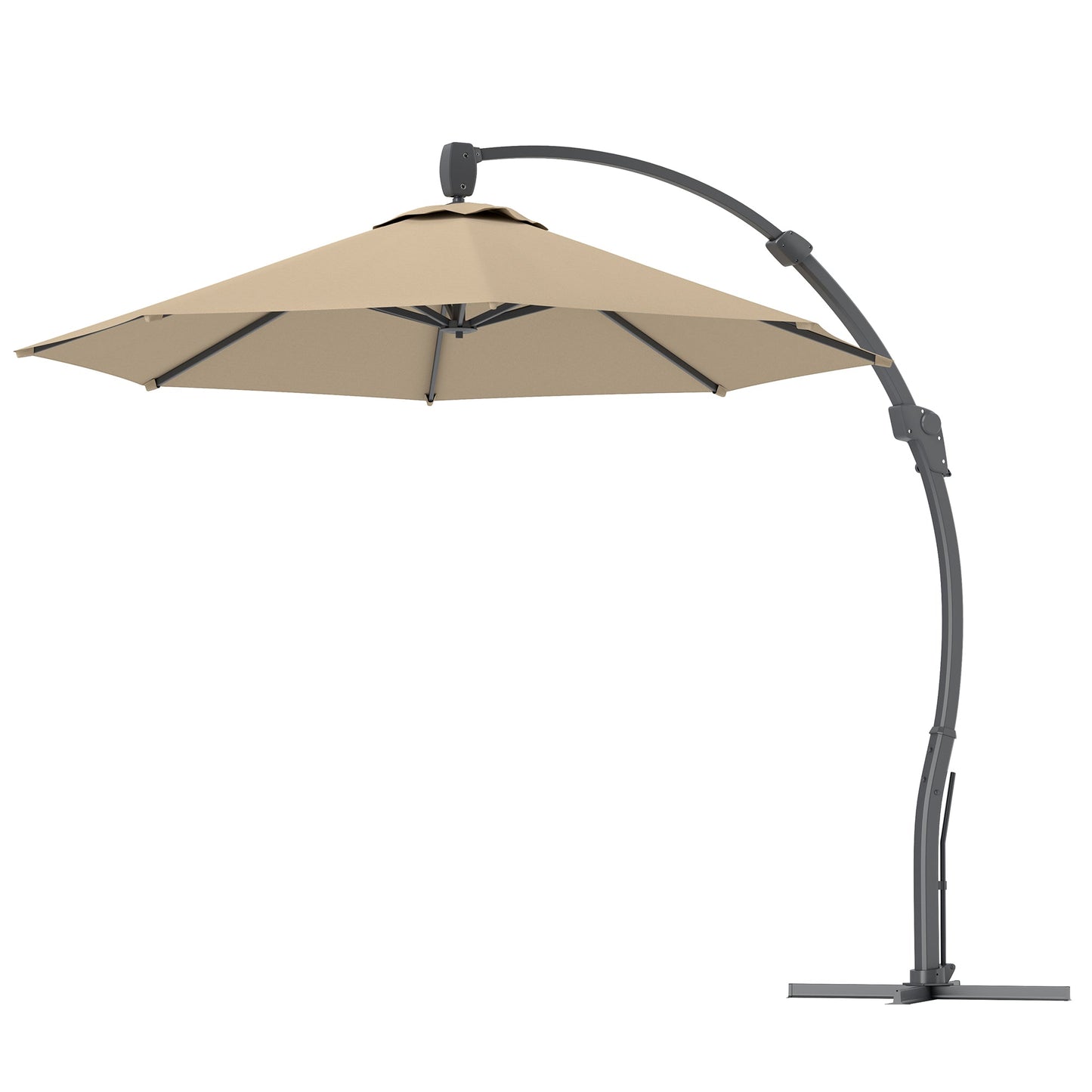 3(m) Garden Cantilever Parasol, Round Overhanging Umbrella with Crank Handle, Cross Base, Aluminium Frame and 360° Rotation, Banana Patio Umbrella for Outdoor Sun Shade, Khaki