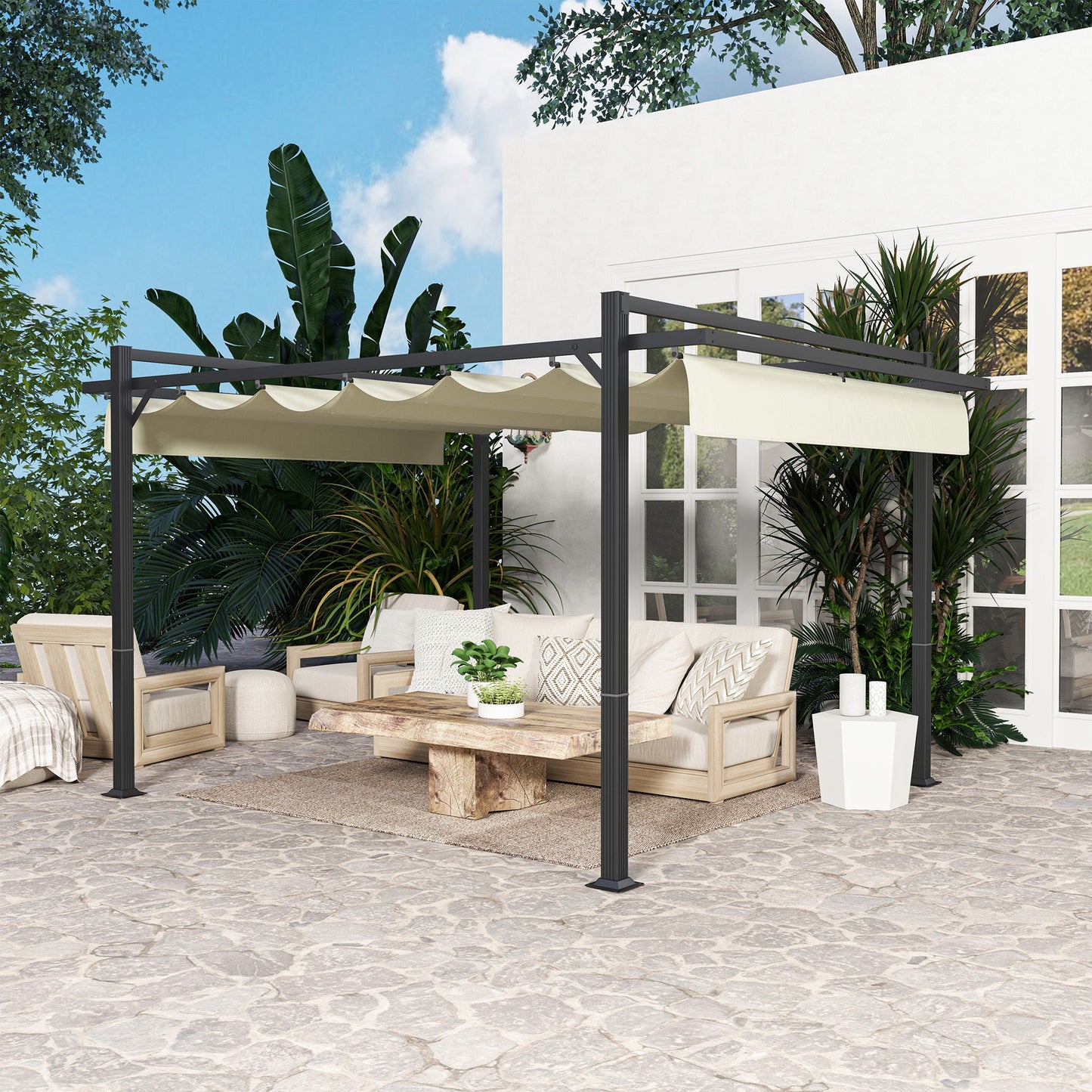 3 x 4m Pergola with Retractable Roof Canopy, Aluminium Frame Garden Gazebo Outdoor Sun Shade Shelter for Grill, Patio, Deck, Khaki