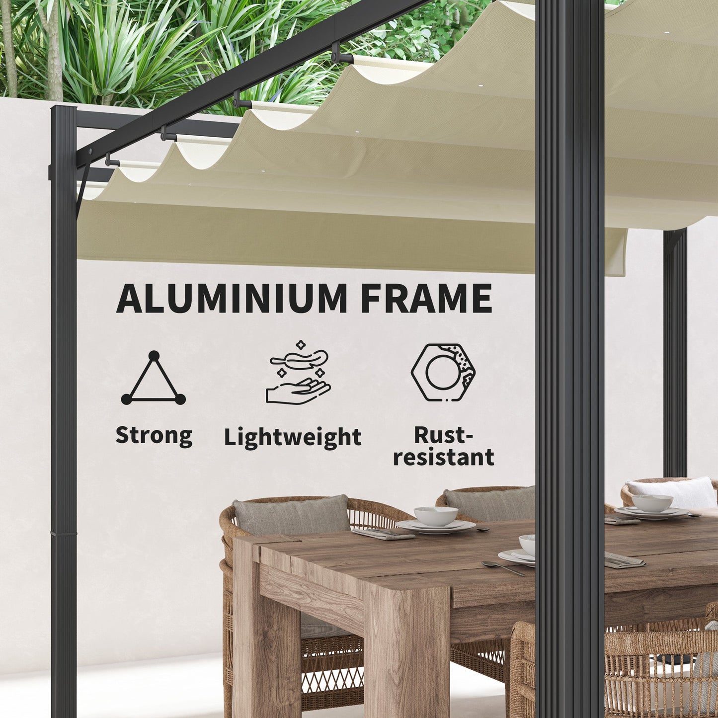 3 x 4m Pergola with Retractable Roof Canopy, Aluminium Frame Garden Gazebo Outdoor Sun Shade Shelter for Grill, Patio, Deck, Khaki