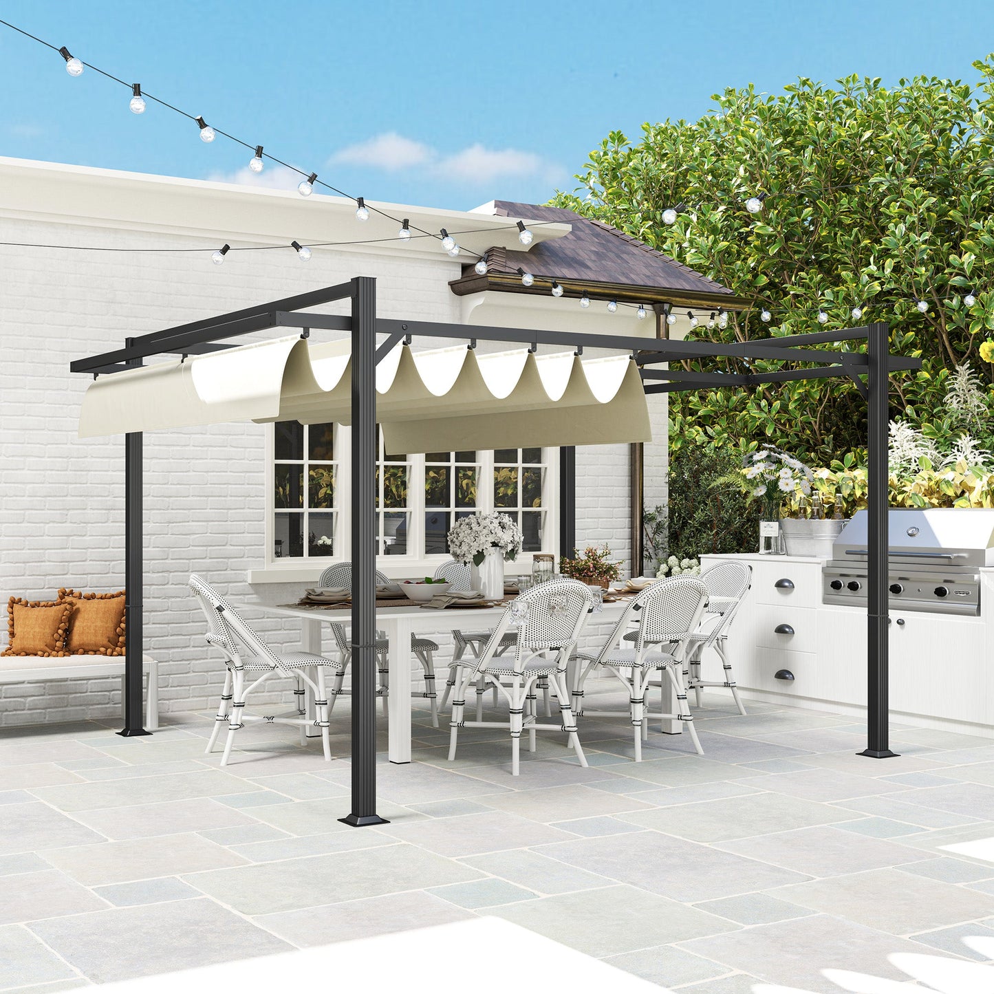 3 x 4m Pergola with Retractable Roof Canopy, Aluminium Frame Garden Gazebo Outdoor Sun Shade Shelter for Grill, Patio, Deck, Khaki