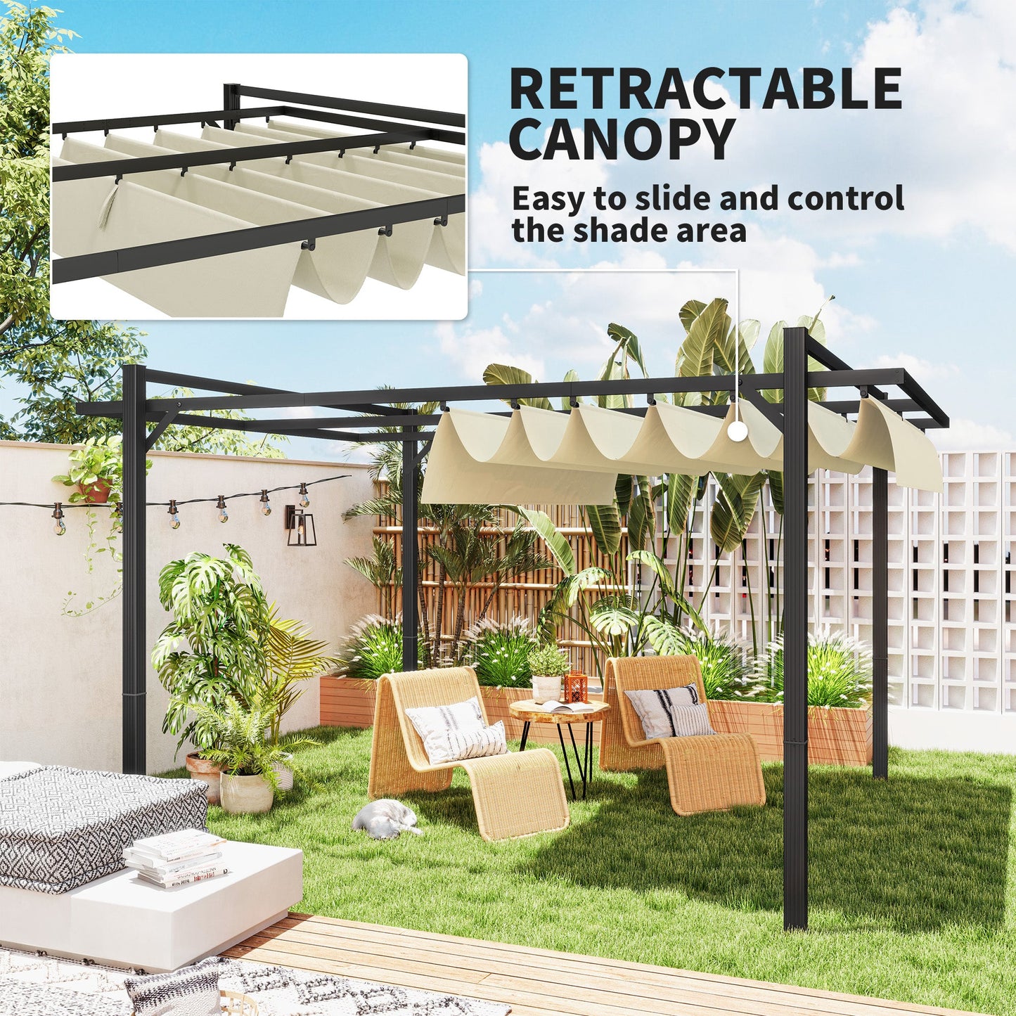 3 x 4m Pergola with Retractable Roof Canopy, Aluminium Frame Garden Gazebo Outdoor Sun Shade Shelter for Grill, Patio, Deck, Khaki
