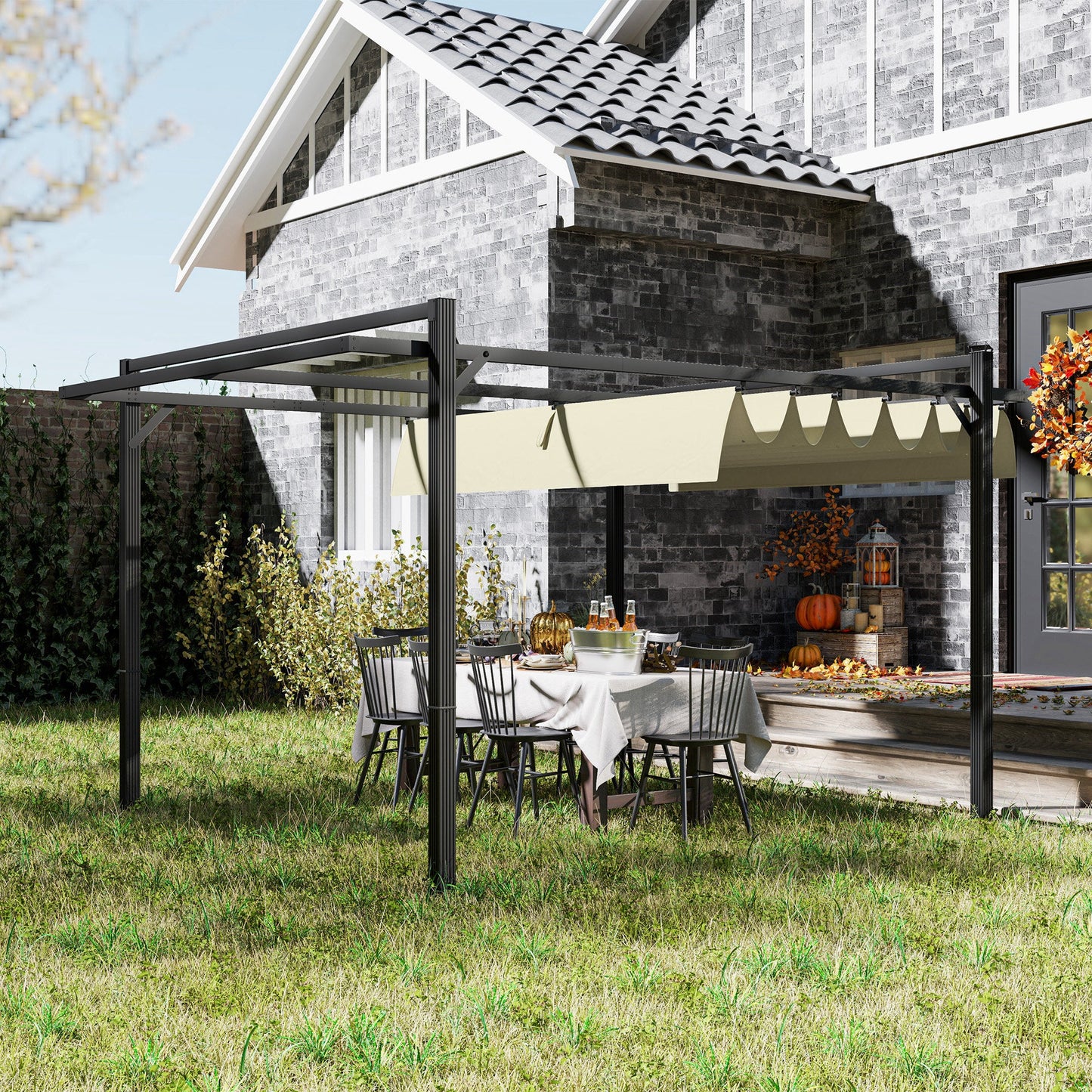 3 x 4m Pergola with Retractable Roof Canopy, Aluminium Frame Garden Gazebo Outdoor Sun Shade Shelter for Grill, Patio, Deck, Khaki