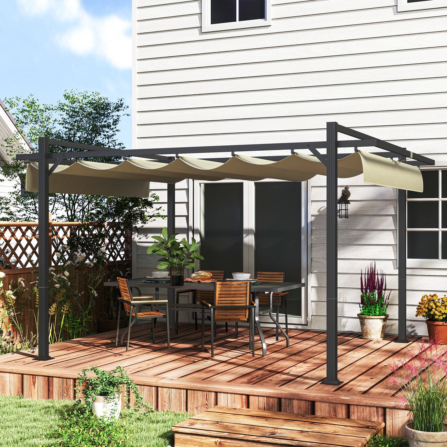 3 x 4m Pergola with Retractable Roof Canopy, Aluminium Frame Garden Gazebo Outdoor Sun Shade Shelter for Grill, Patio, Deck, Khaki