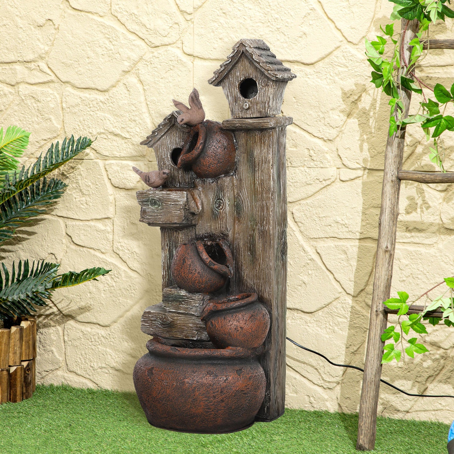 2-in-1 Waterfall Fountain with Birdhouse, Resin Garden Water Fountain with LED Lights Pump, Cascading Garden Water Feature with Tree Trunk Design, Multi-colour