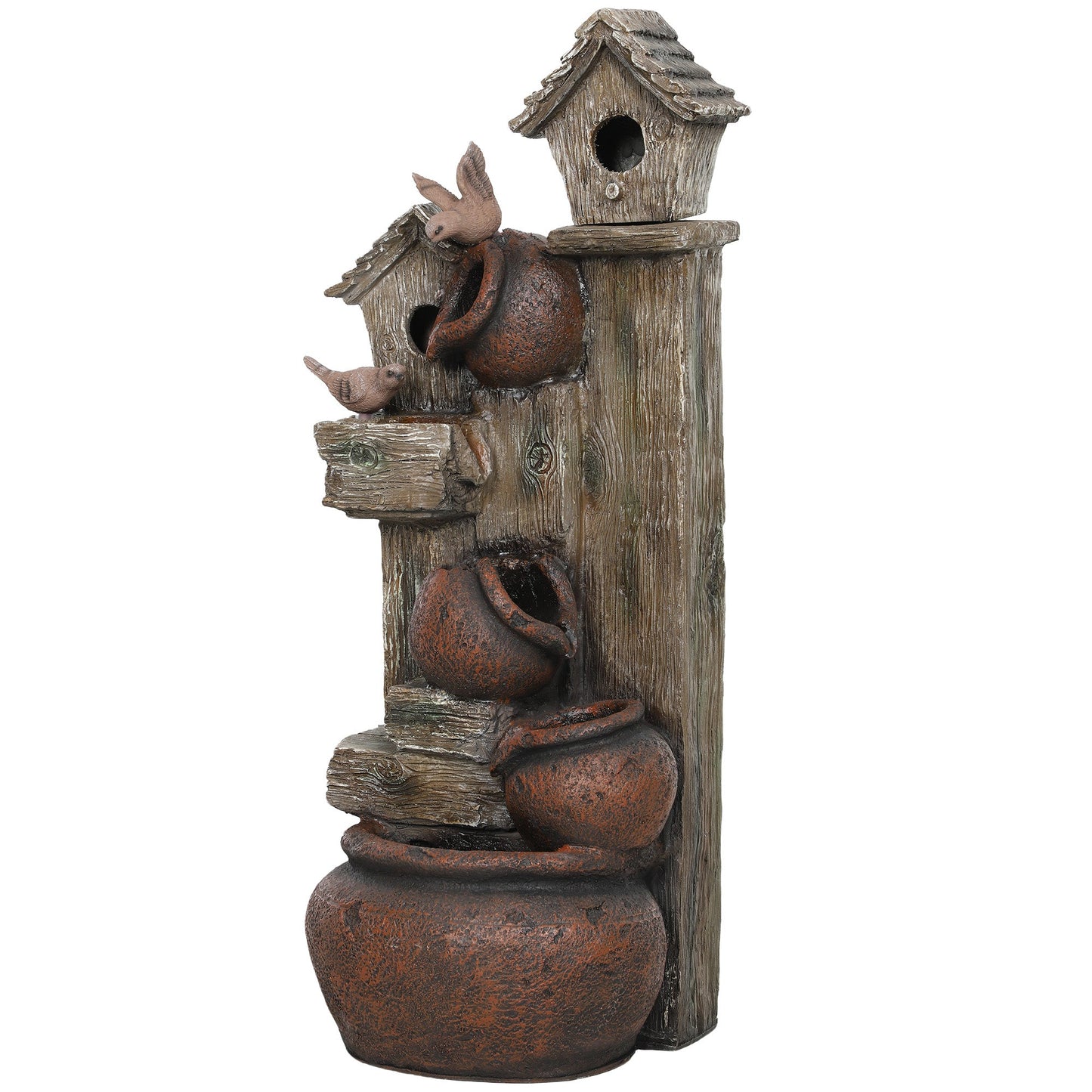 2-in-1 Waterfall Fountain with Birdhouse, Resin Garden Water Fountain with LED Lights Pump, Cascading Garden Water Feature with Tree Trunk Design, Multi-colour