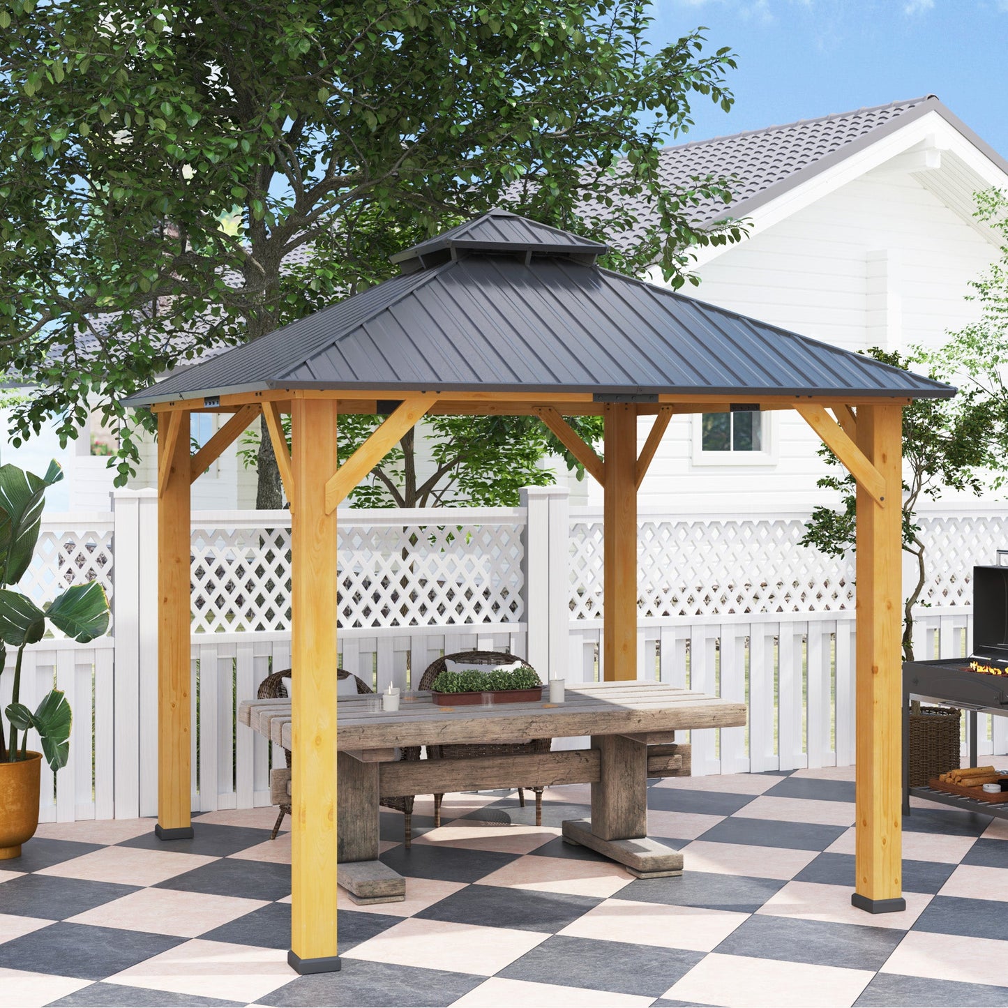 3x(3)M Outdoor Hardtop Gazebo Canopy with 2-Tier Roof and Solid Wood Frame, Outdoor Patio Shelter for Patio, Garden, Grey