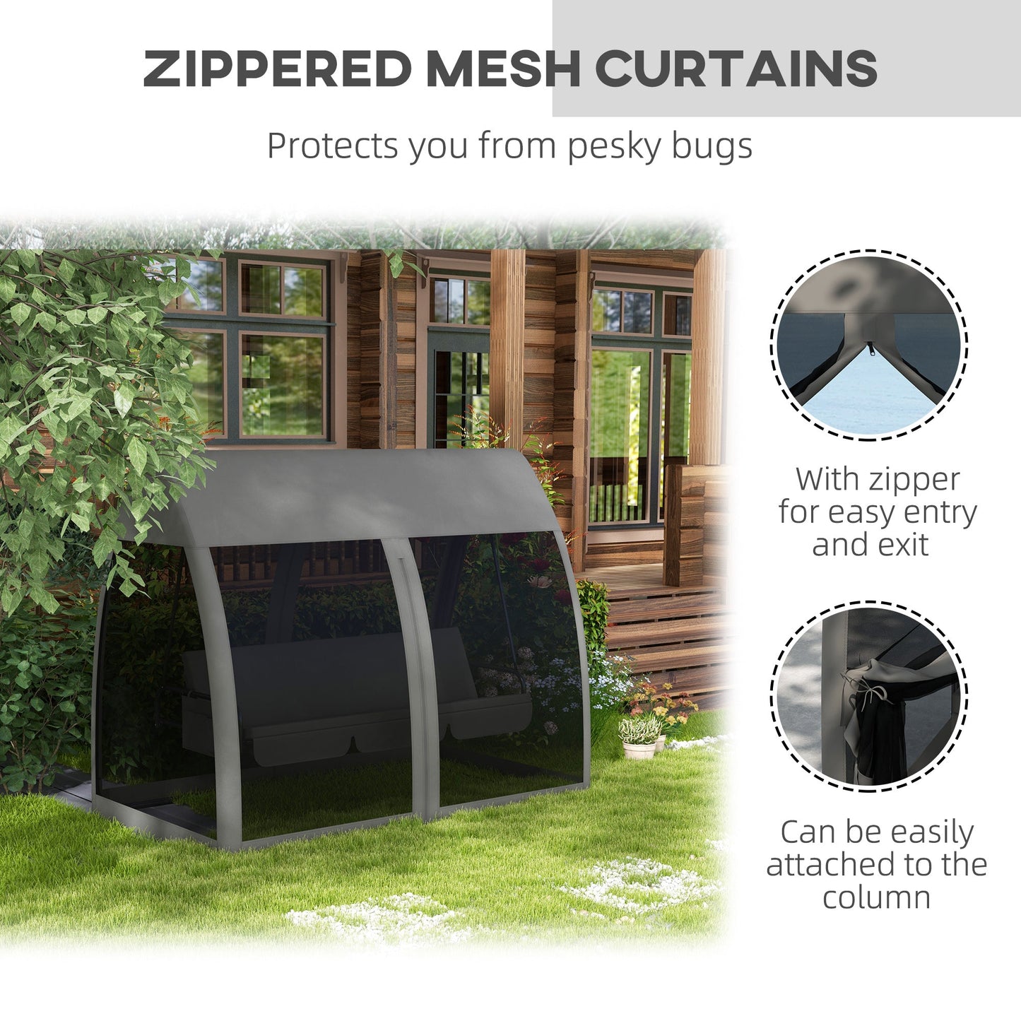 3 Seater Swing Chair 2 in 1 Garden Swing Seat Bed Convertible Outdoor Rocking Bench Bed with Water-Resistant Roof, Zipped Door and Mosquito Netting, Grey