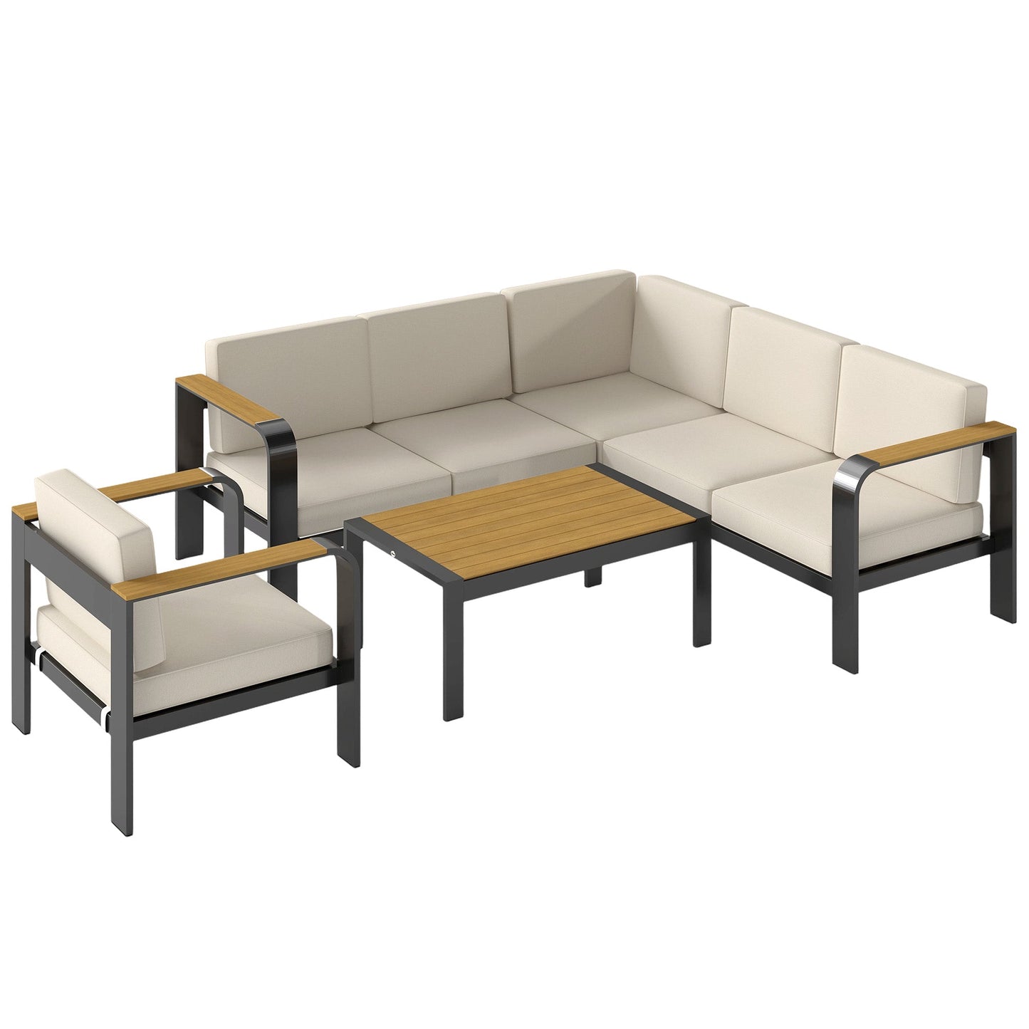 3 Pieces Garden Furniture Set with L-Shaped Sofa, Armchair and Coffee Table, Aluminium Garden Corner Sofa Set with Olefin Seat & Back Cushions, Wood Plastic Tabletop and Armrests, Beige