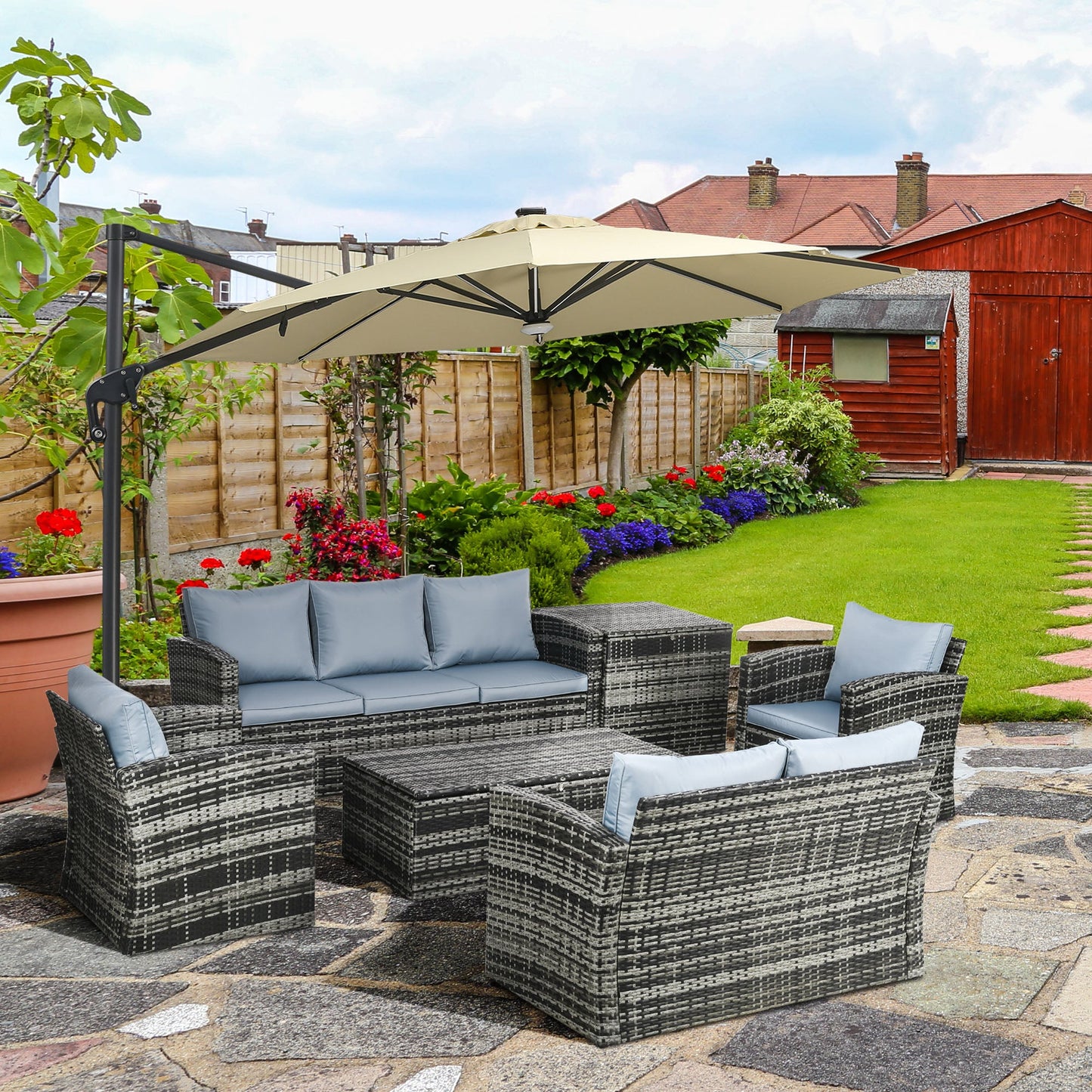 6 Pieces Rattan Garden Furniture Set, 7 Seater Wicker Outdoor Furniture Set with Storage Tea Table & Side Table, Sectional Garden Sofa Set with Cushions, Grey