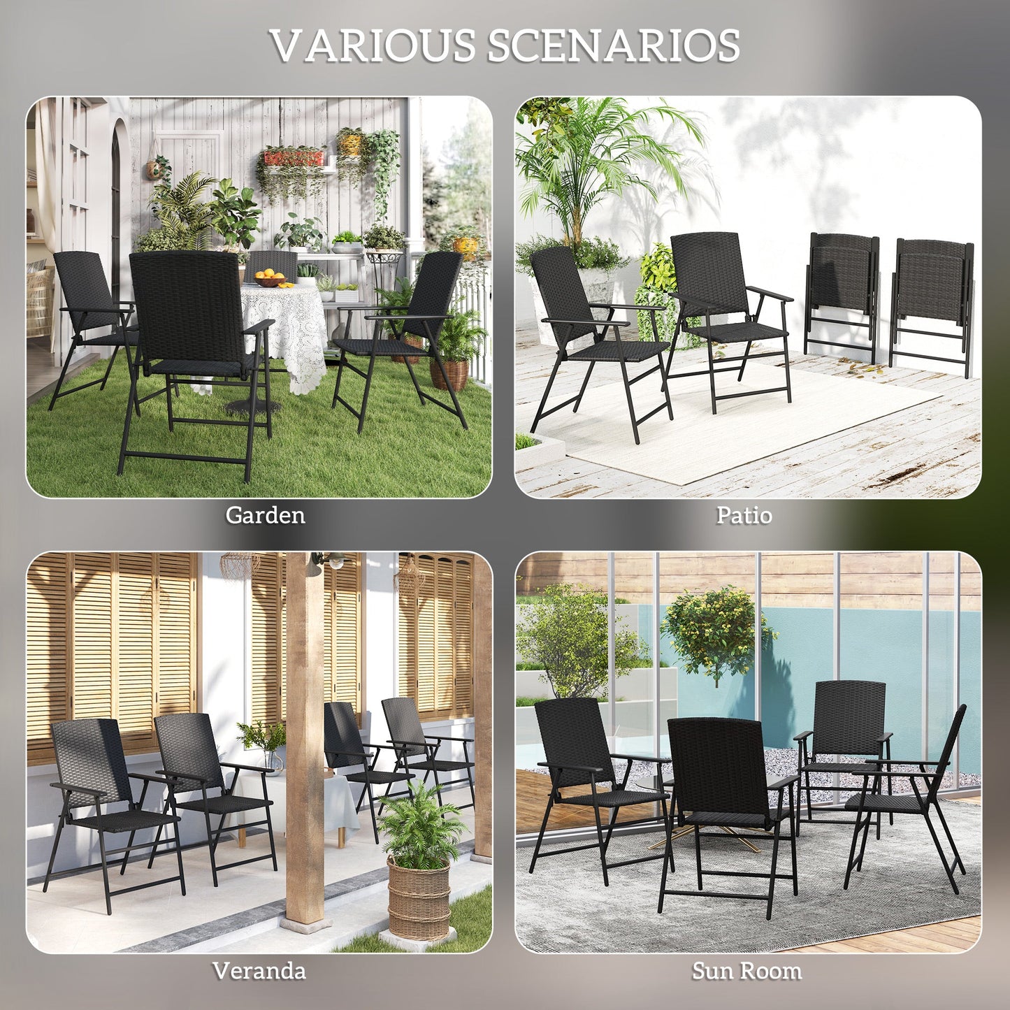 Folding Garden Chairs Set of 4, PE Rattan Garden Dining Chairs with Armrests, High Back and Steel Frame, Weather Resistant Outdoor Dining Furniture for Patio, Balcony, Black