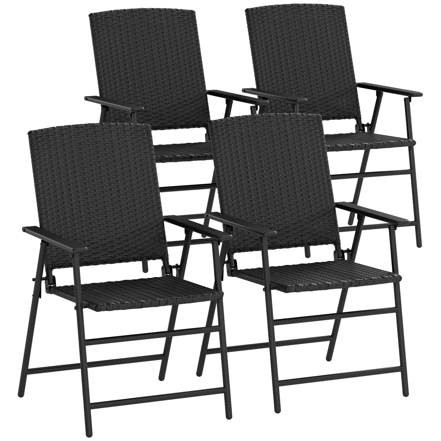 Folding Garden Chairs Set of 4, PE Rattan Garden Dining Chairs with Armrests, High Back and Steel Frame, Weather Resistant Outdoor Dining Furniture for Patio, Balcony, Black