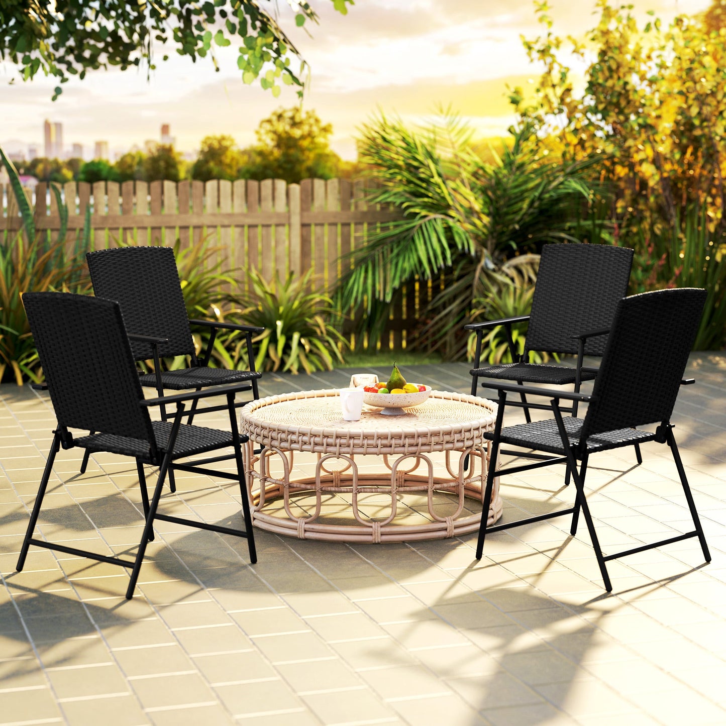 Folding Garden Chairs Set of 4, PE Rattan Garden Dining Chairs with Armrests, High Back and Steel Frame, Weather Resistant Outdoor Dining Furniture for Patio, Balcony, Black