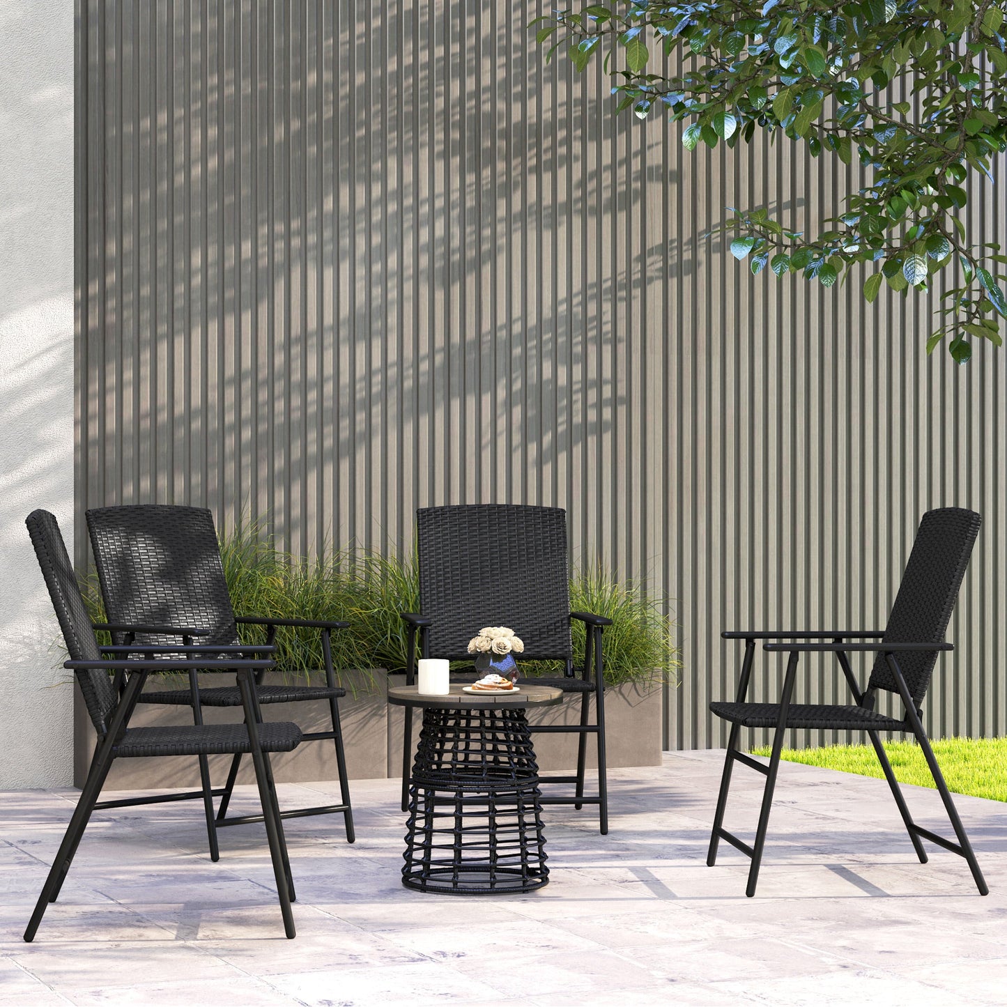 Folding Garden Chairs Set of 4, PE Rattan Garden Dining Chairs with Armrests, High Back and Steel Frame, Weather Resistant Outdoor Dining Furniture for Patio, Balcony, Black