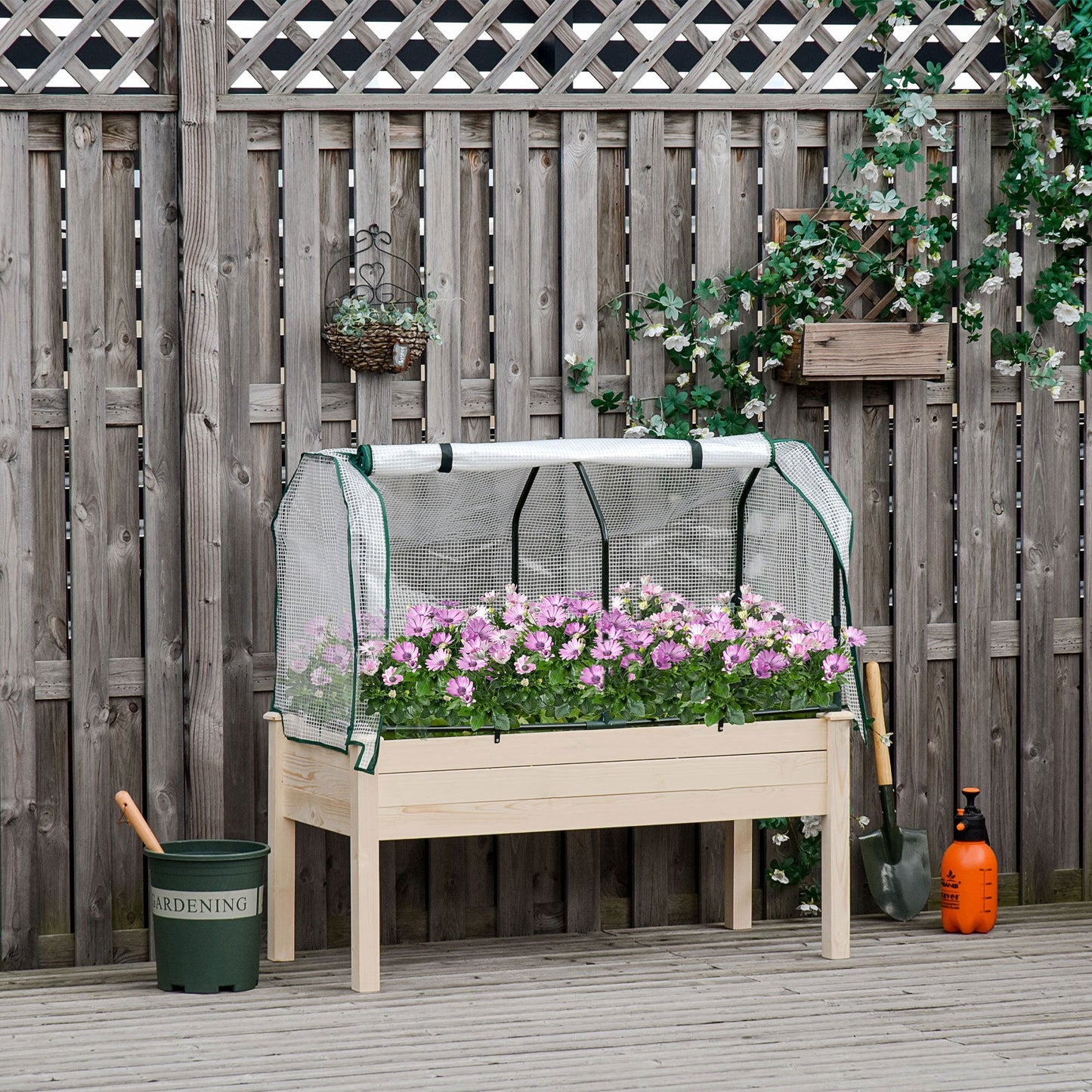Raised Garden Bed with PE Greenhouse Cover, Outdoor Elevated Wood Planter Box for Herbs and Vegetables, Use for Patio, Garden, Balcony, 121 x 55 x 117cm, Nature Wood Finish