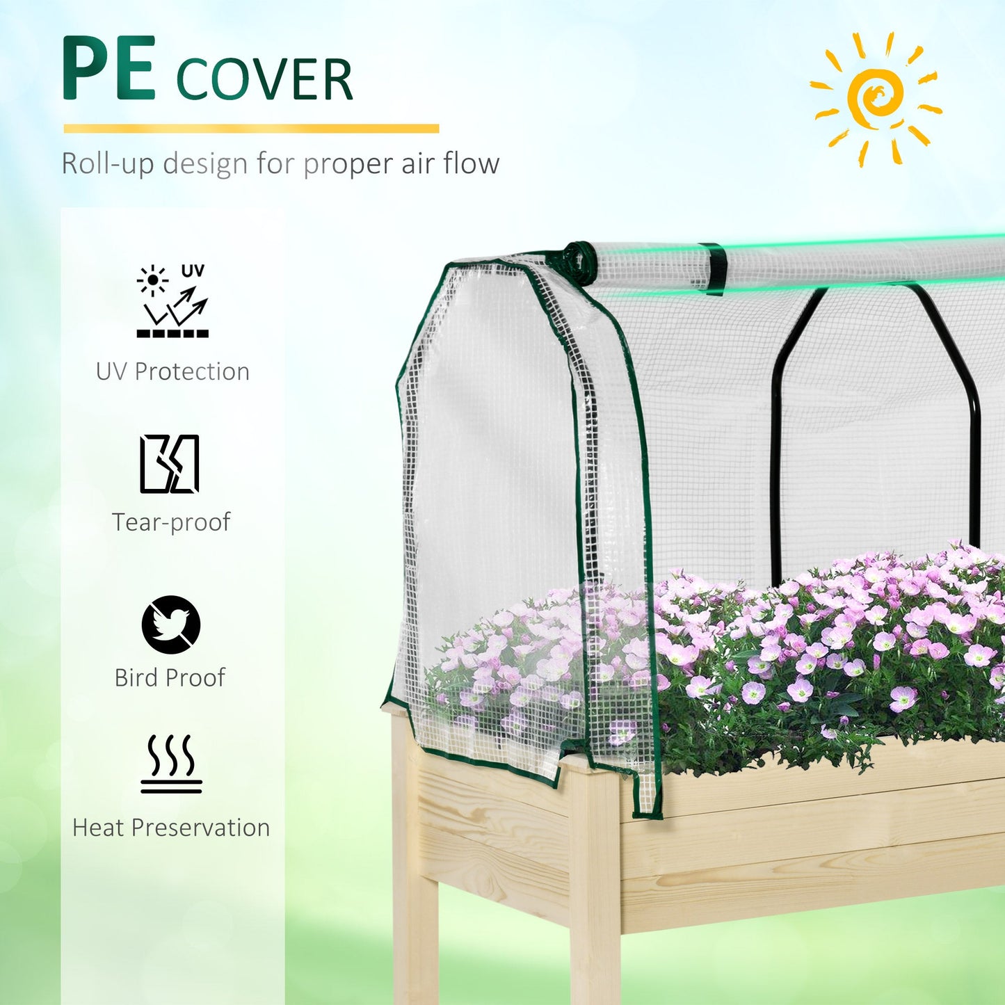 Raised Garden Bed with PE Greenhouse Cover, Outdoor Elevated Wood Planter Box for Herbs and Vegetables, Use for Patio, Garden, Balcony, 121 x 55 x 117cm, Nature Wood Finish
