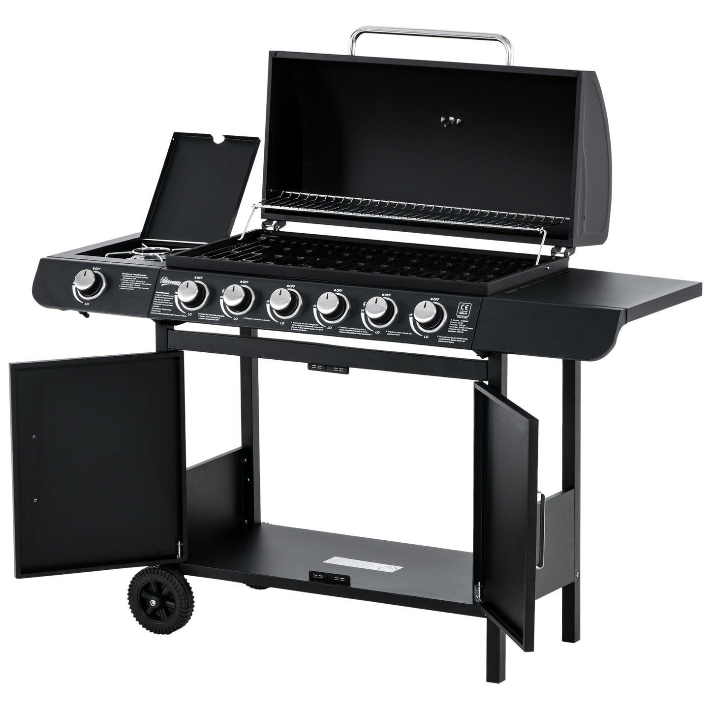 6+1 Burner Gas BBQ Grill, Outdoor Barbecue Trolley with Wheels, Warming Rack, Side Shelves, Cabinet, Thermometer for Garden, Party, Camping, 135 x 51.5 x 100cm, Black
