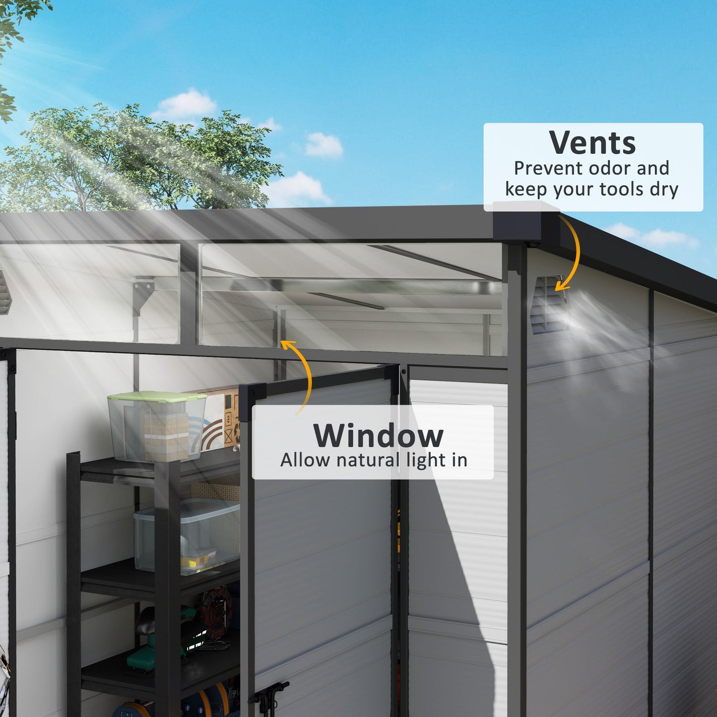 6 x 6ft Outdoor Storage Shed, Plastic Garden Shed with Windows and Air Vents, Outdoor Resin Tool Shed with Latch Doors for Garden, Deck, Light Grey