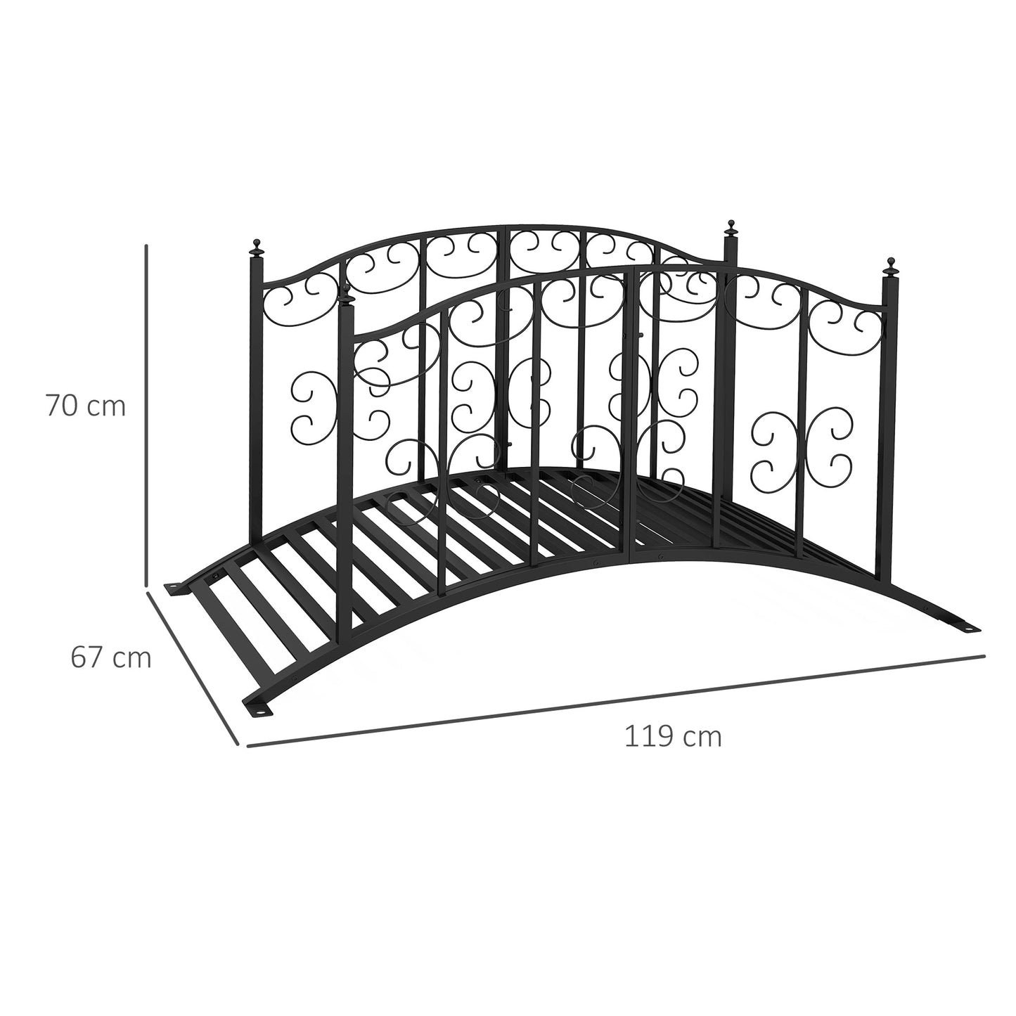 1.2M Metal Garden Bridge with Safety Railings, Classic Retro Arc Footbridge with Scrollwork Pattern, Small Decorative Pond Bridge for Creeks Streams Borders, Black