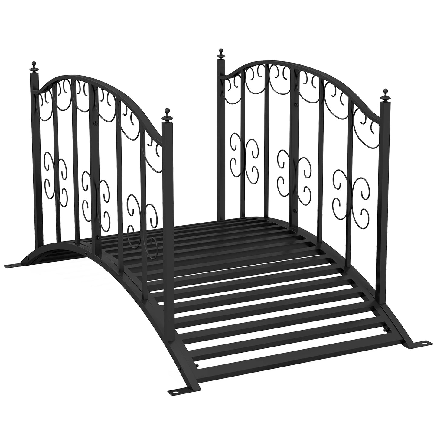 1.2M Metal Garden Bridge with Safety Railings, Classic Retro Arc Footbridge with Scrollwork Pattern, Small Decorative Pond Bridge for Creeks Streams Borders, Black