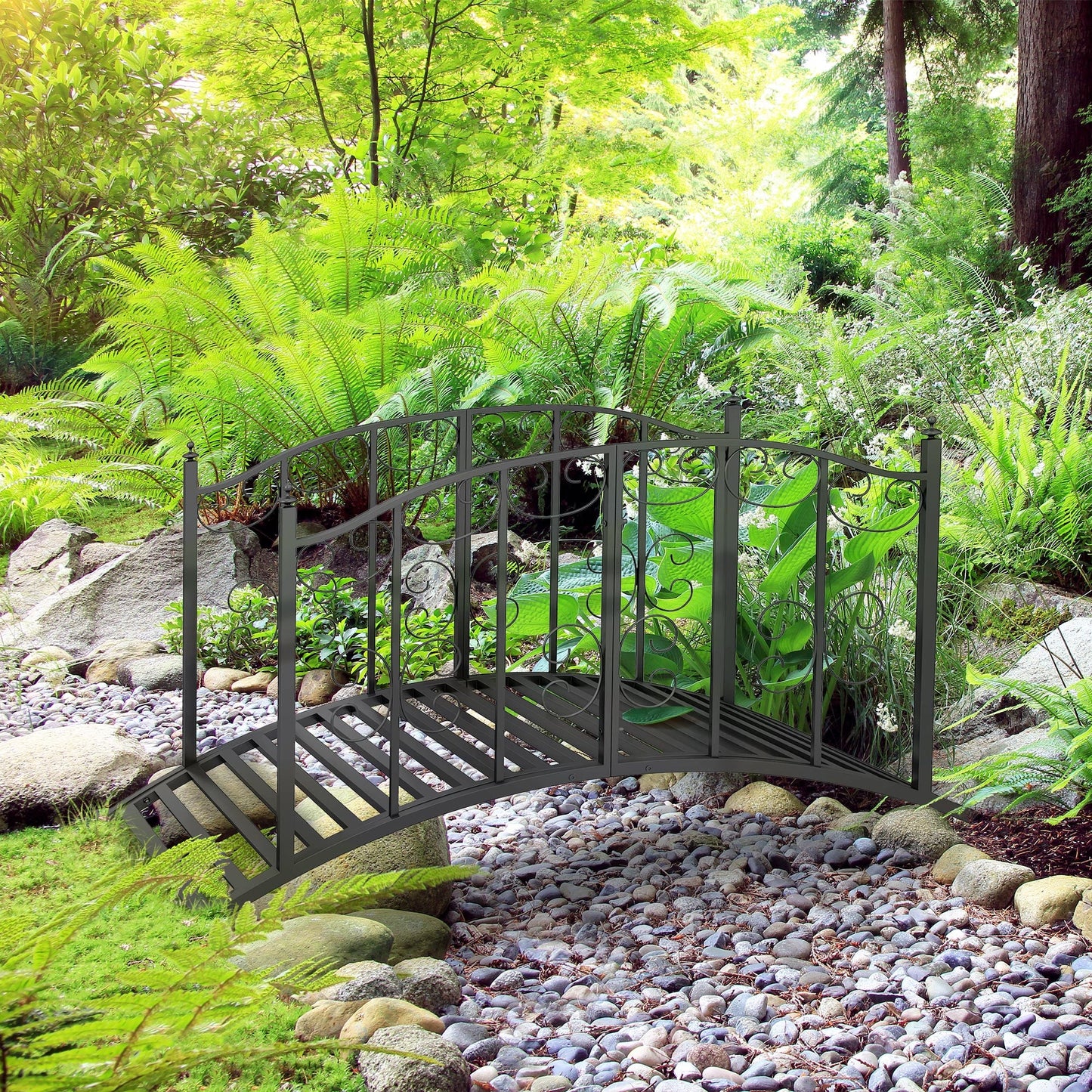 1.2M Metal Garden Bridge with Safety Railings, Classic Retro Arc Footbridge with Scrollwork Pattern, Small Decorative Pond Bridge for Creeks Streams Borders, Black